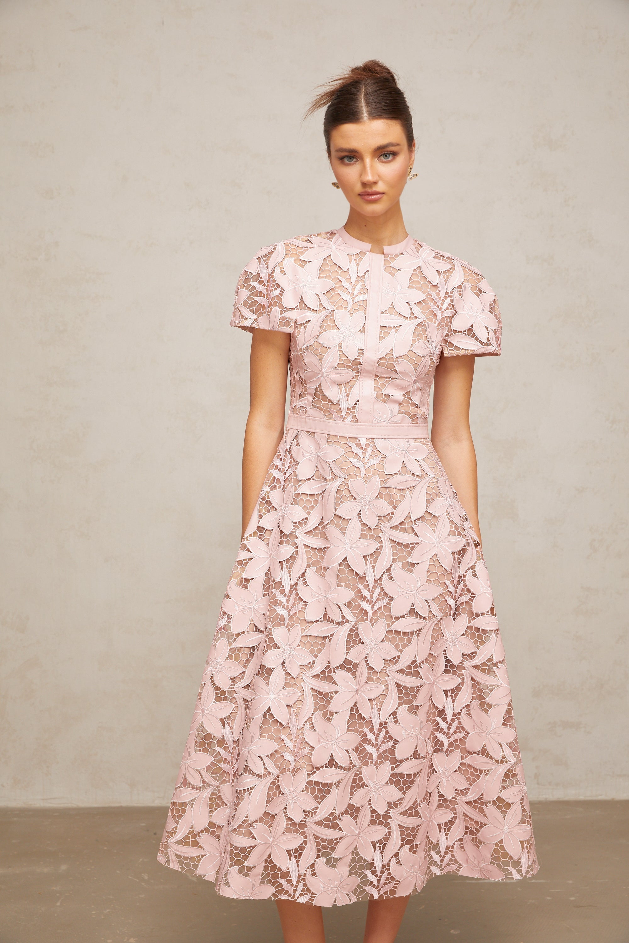 Elegant Pink Guipure Lace Midi Dress - Sleeveless A-Line Summer Party