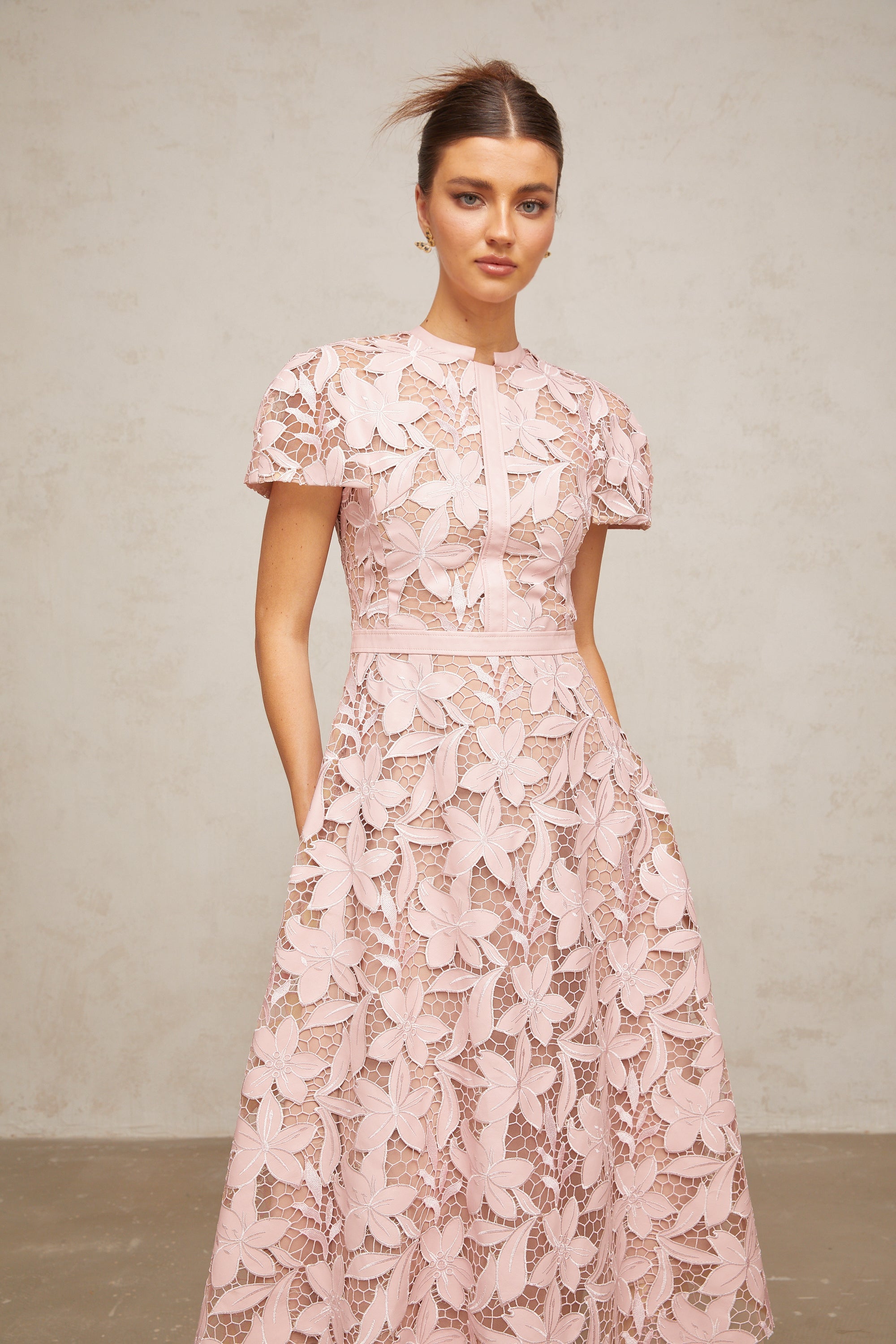 Elegant Pink Guipure Lace Midi Dress - Sleeveless A-Line Summer Party