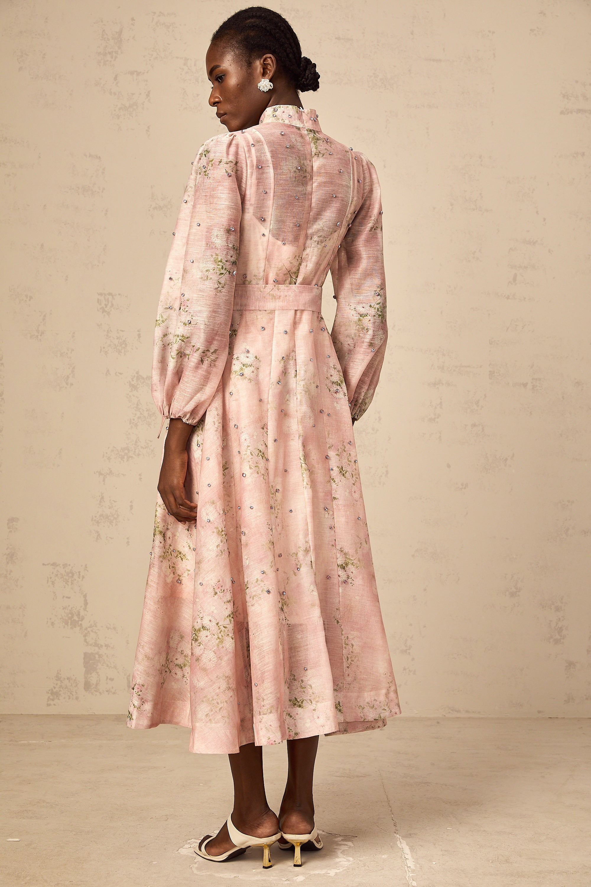 Elegant Narcisse Pink Embellished Floral Print Midi Dress for Women