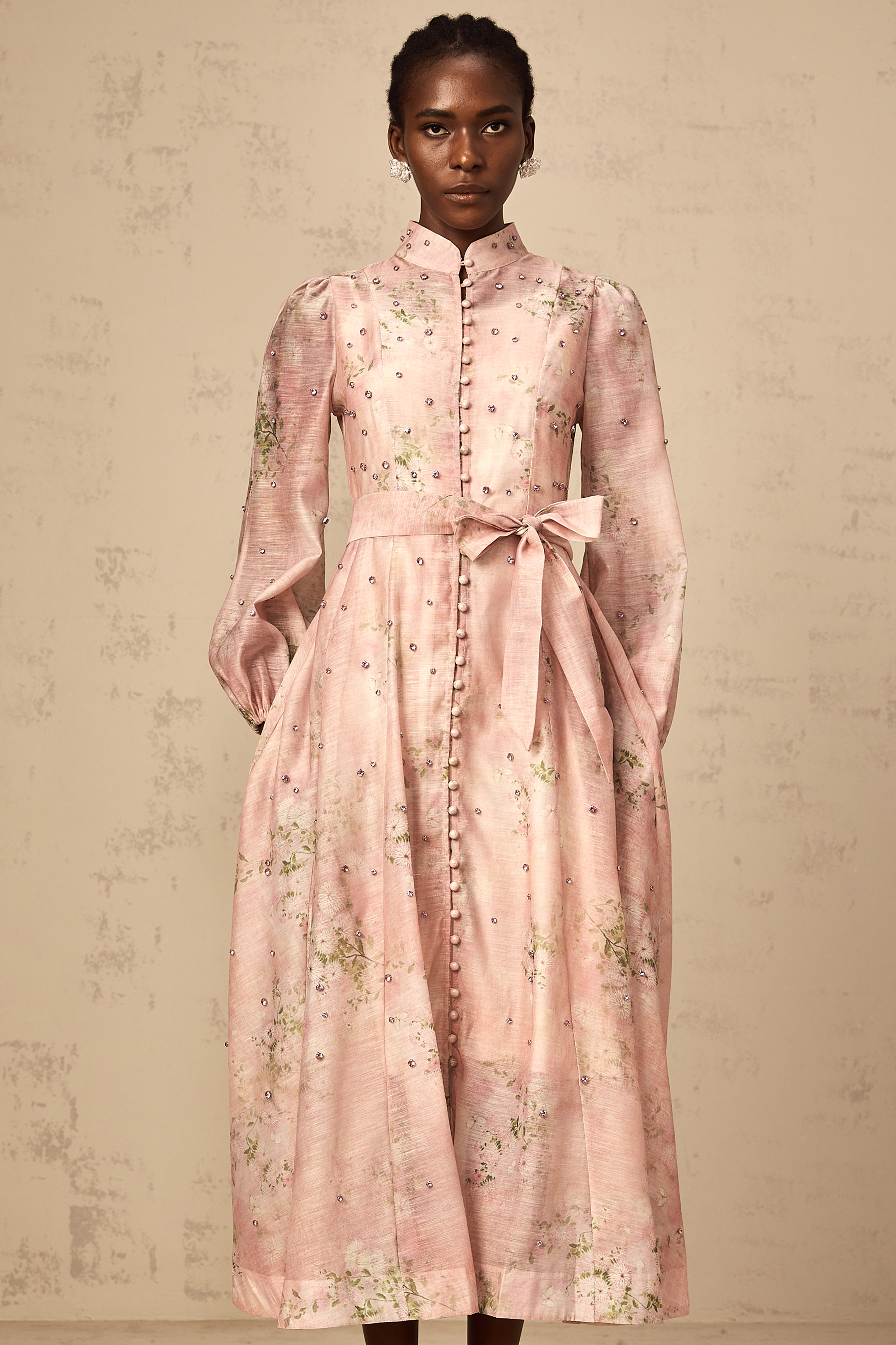 Elegant Narcisse Pink Embellished Floral Print Midi Dress for Women