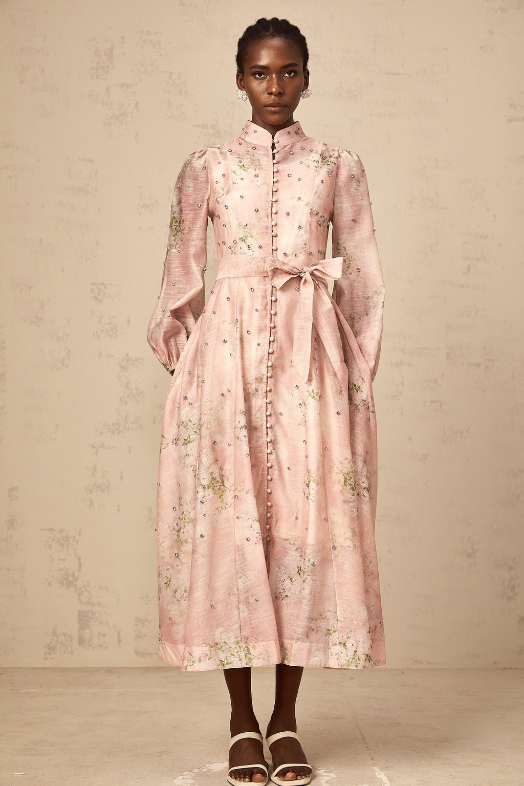 Elegant Narcisse Pink Embellished Floral Print Midi Dress for Women