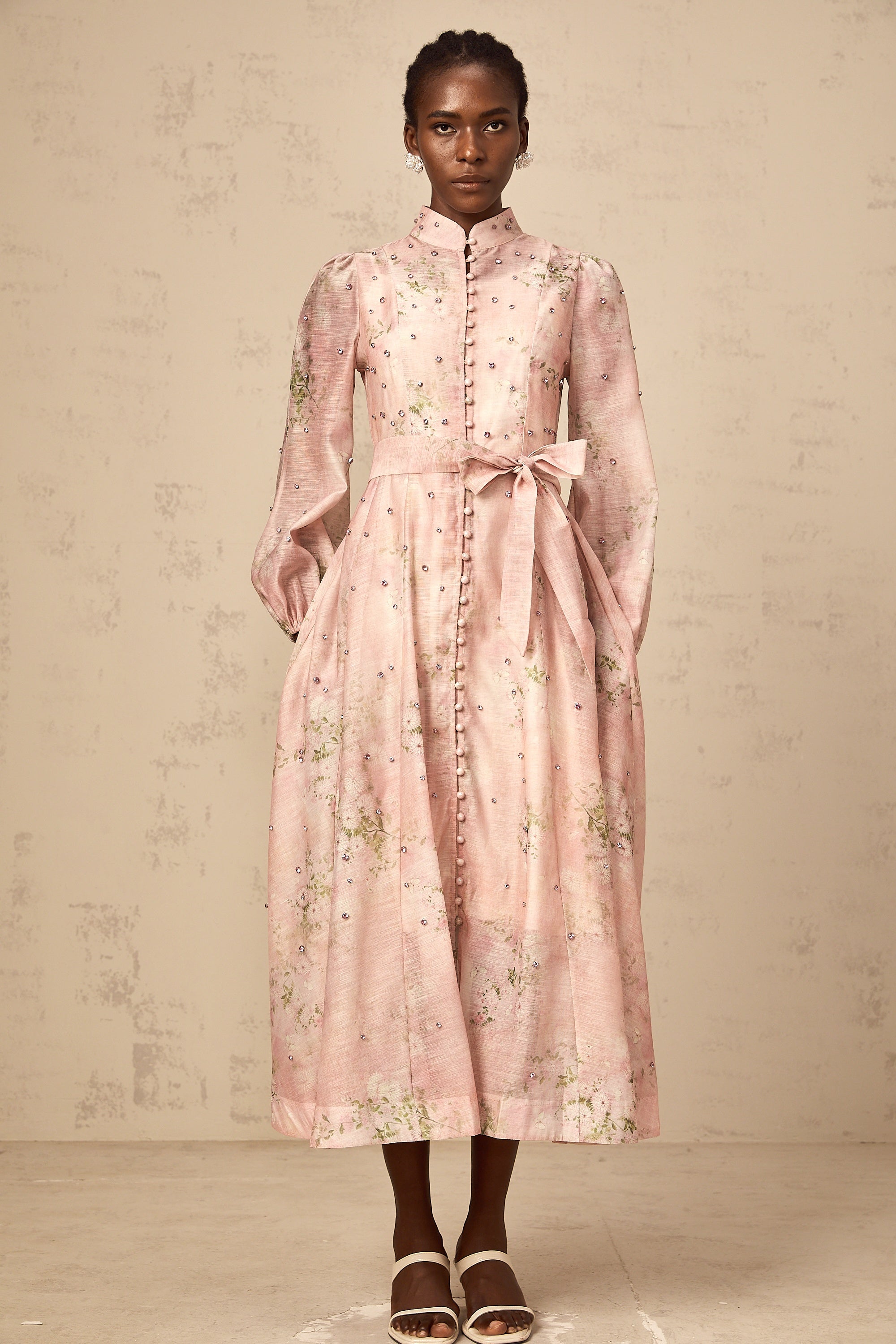 Elegant Narcisse Pink Embellished Floral Print Midi Dress for Women