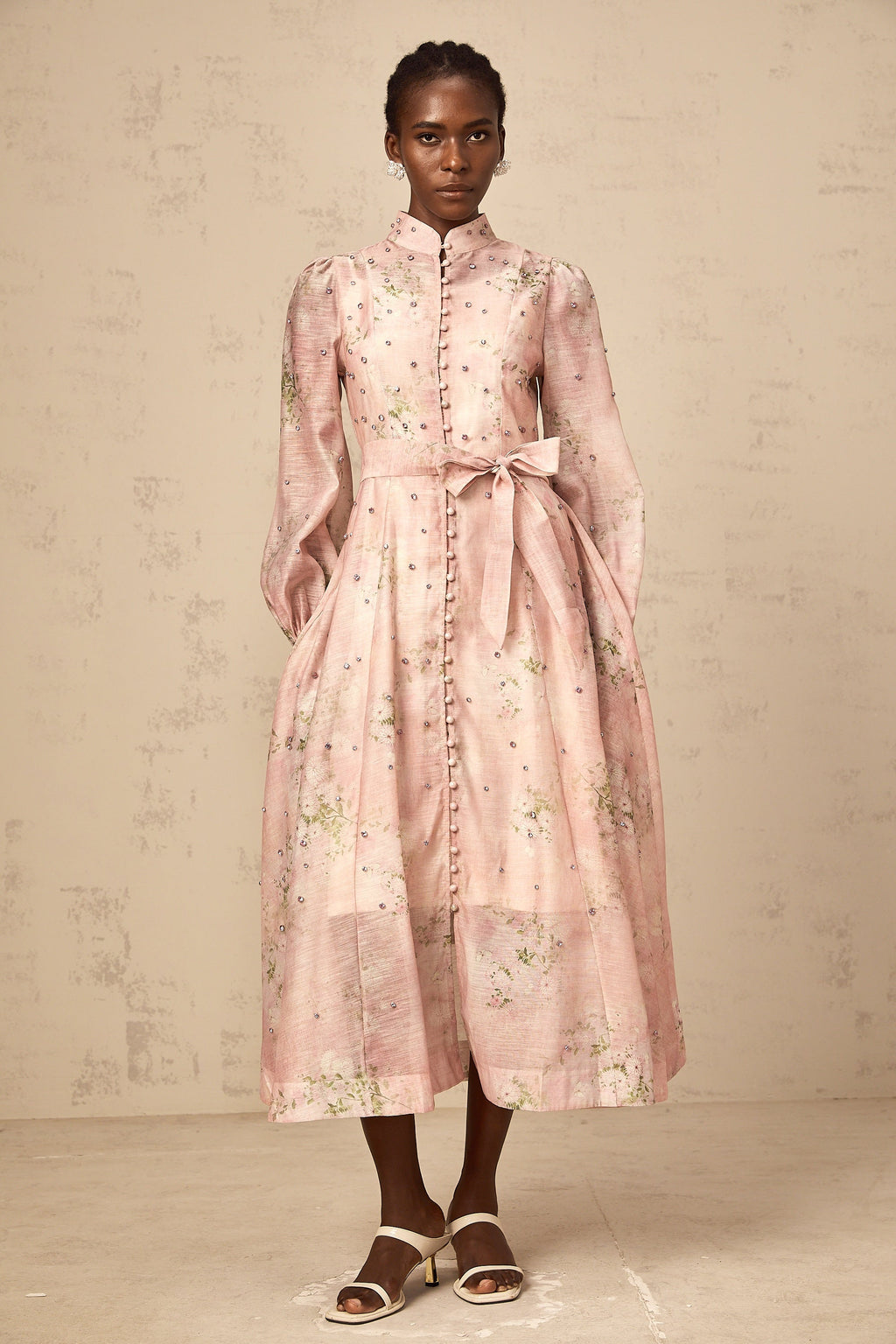 Elegant Narcisse Pink Embellished Floral Print Midi Dress for Women