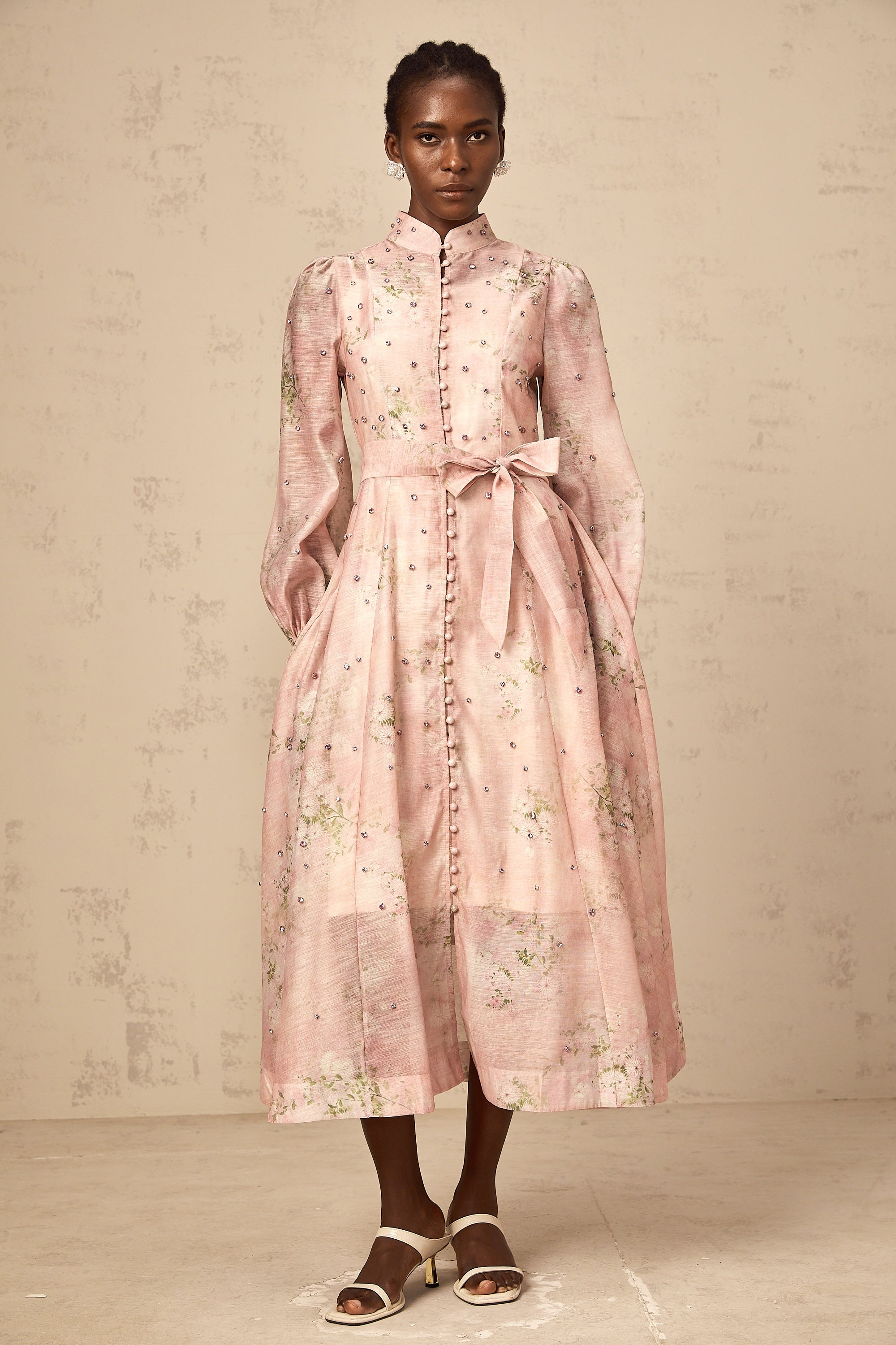 Elegant Narcisse Pink Embellished Floral Print Midi Dress for Women
