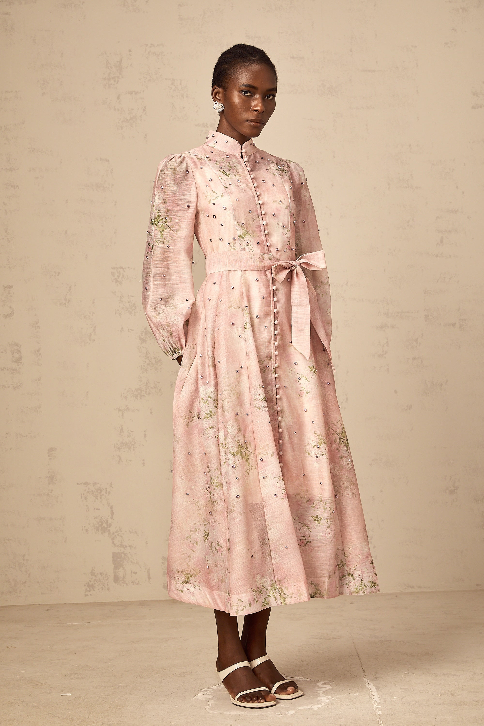 Elegant Narcisse Pink Embellished Floral Print Midi Dress for Women