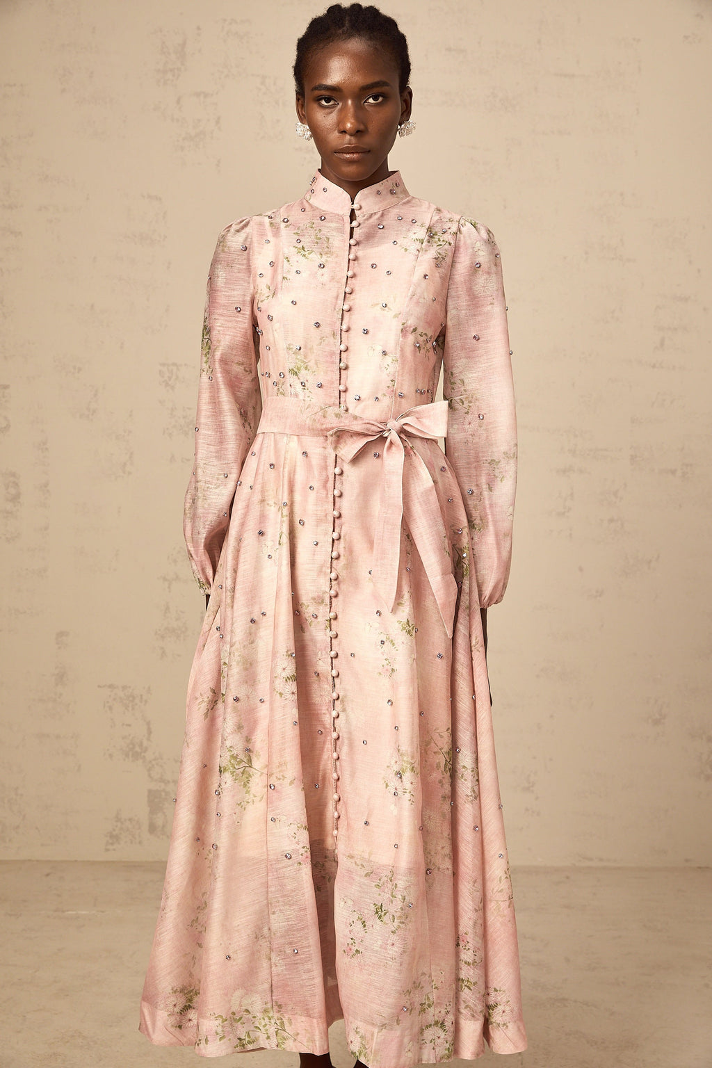 Elegant Narcisse Pink Embellished Floral Print Midi Dress for Women