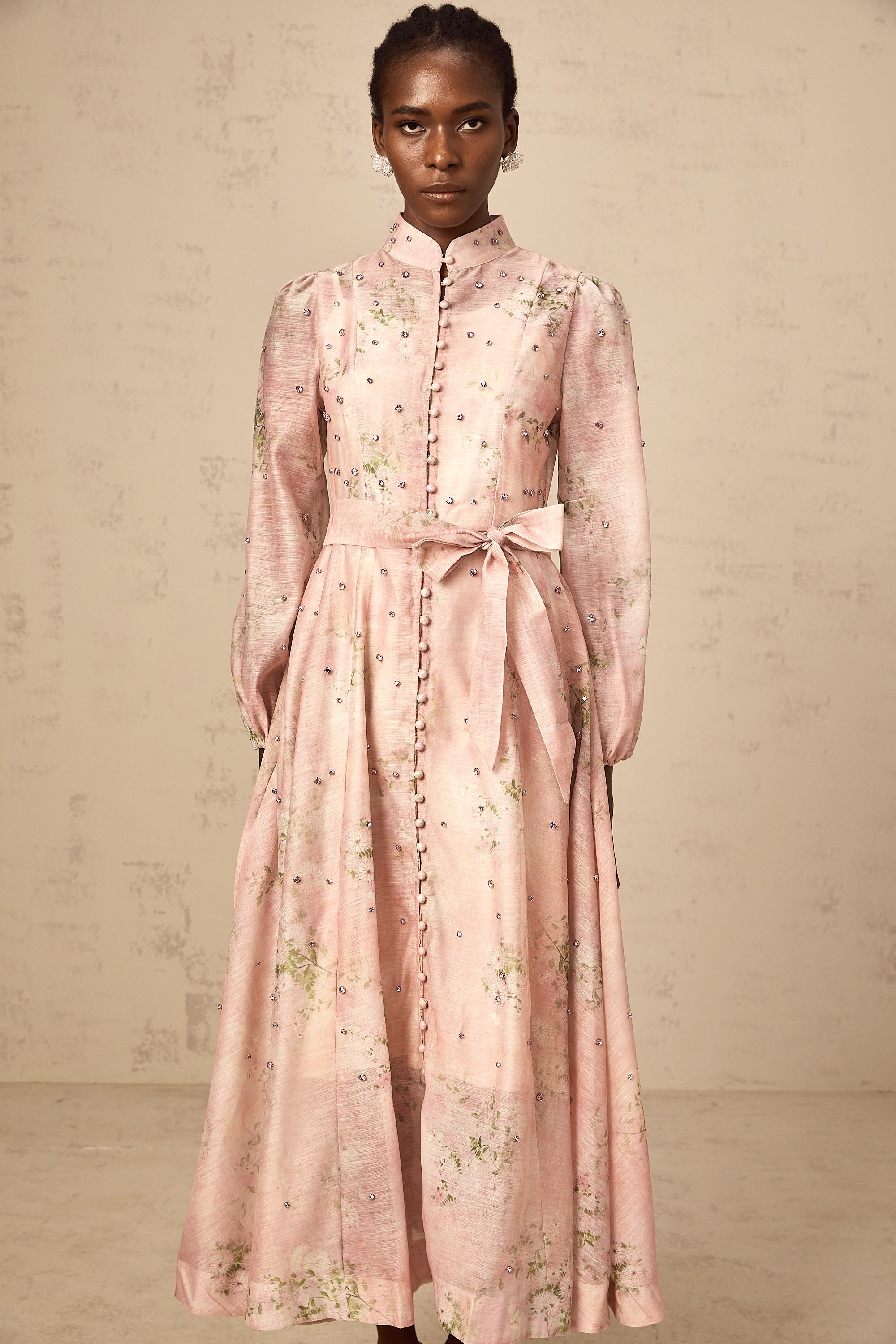 Elegant Narcisse Pink Embellished Floral Print Midi Dress for Women
