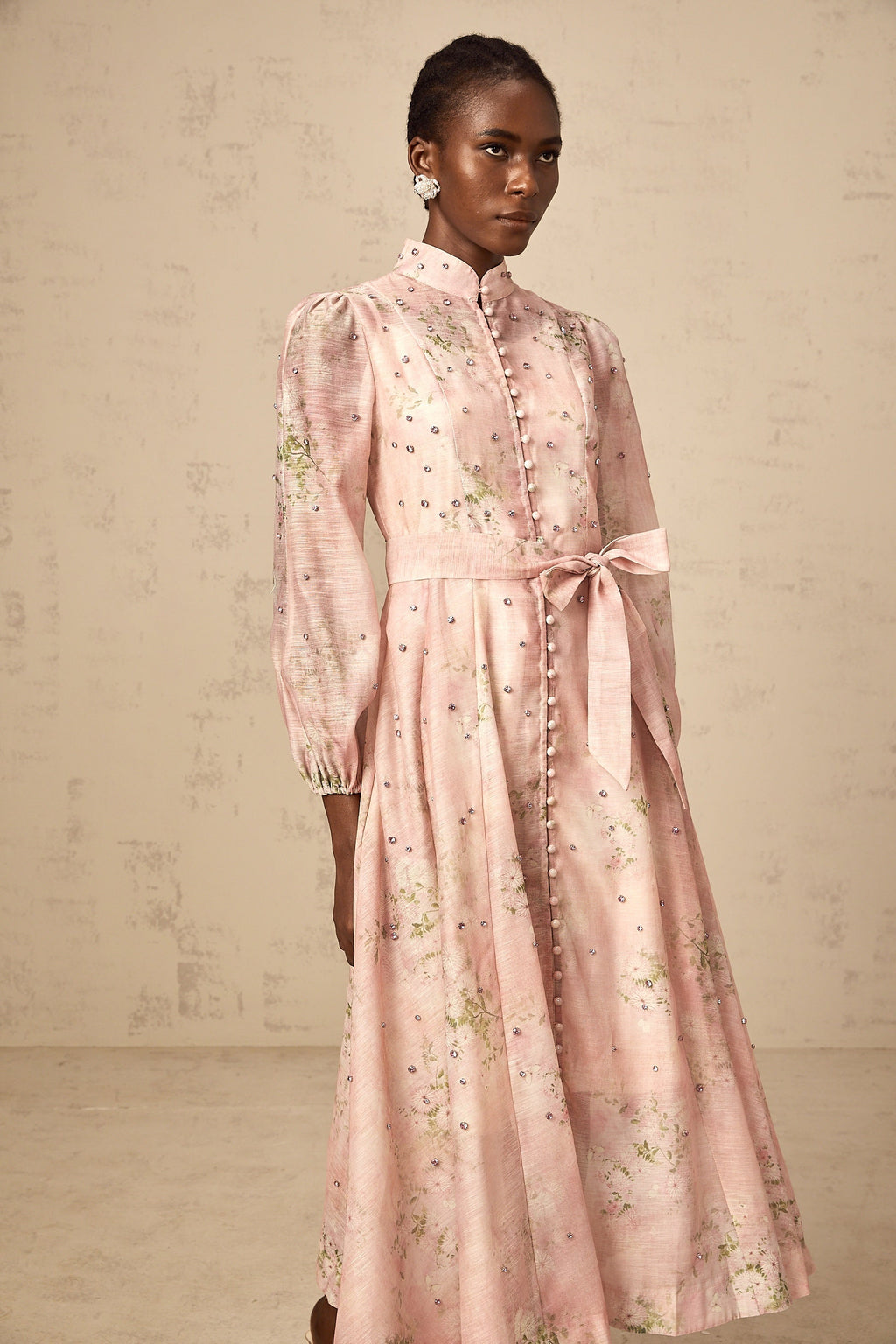Elegant Narcisse Pink Embellished Floral Print Midi Dress for Women
