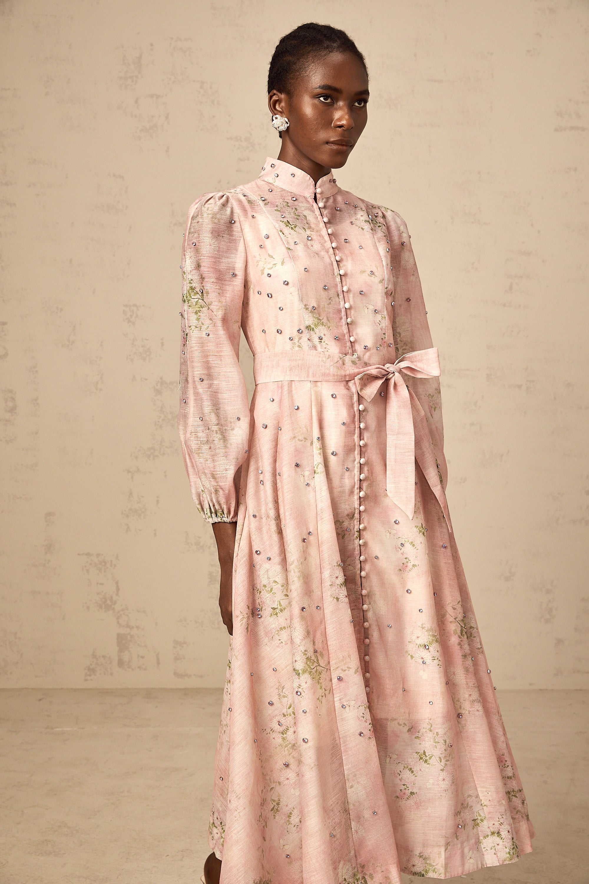 Elegant Narcisse Pink Embellished Floral Print Midi Dress for Women