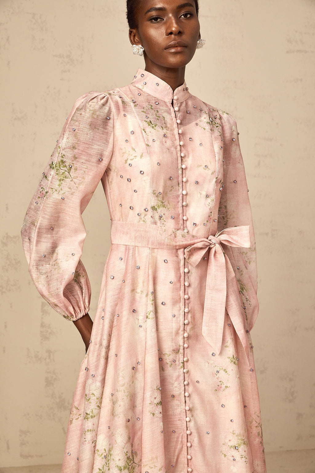 Elegant Narcisse Pink Embellished Floral Print Midi Dress for Women