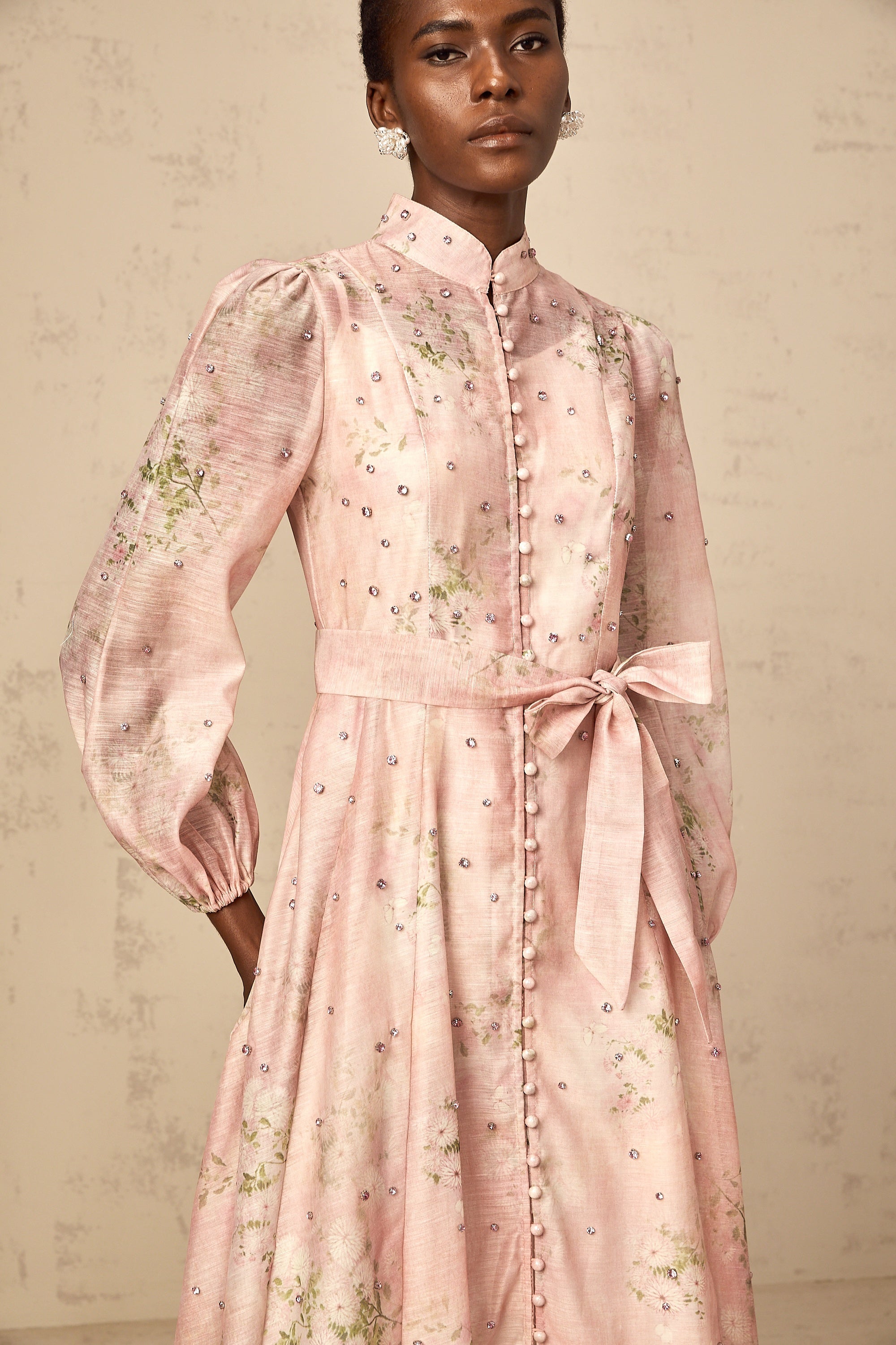 Elegant Narcisse Pink Embellished Floral Print Midi Dress for Women
