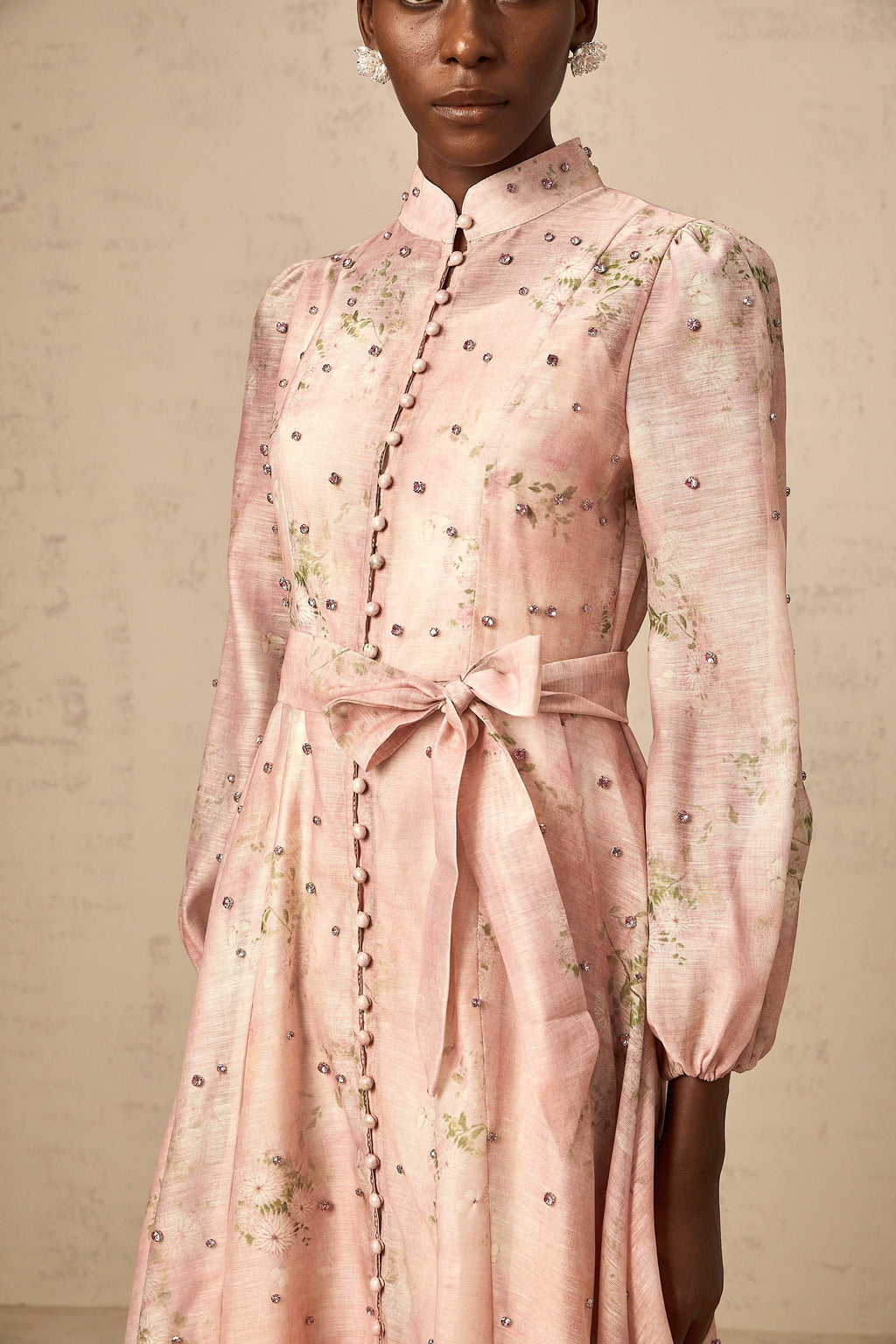 Elegant Narcisse Pink Embellished Floral Print Midi Dress for Women