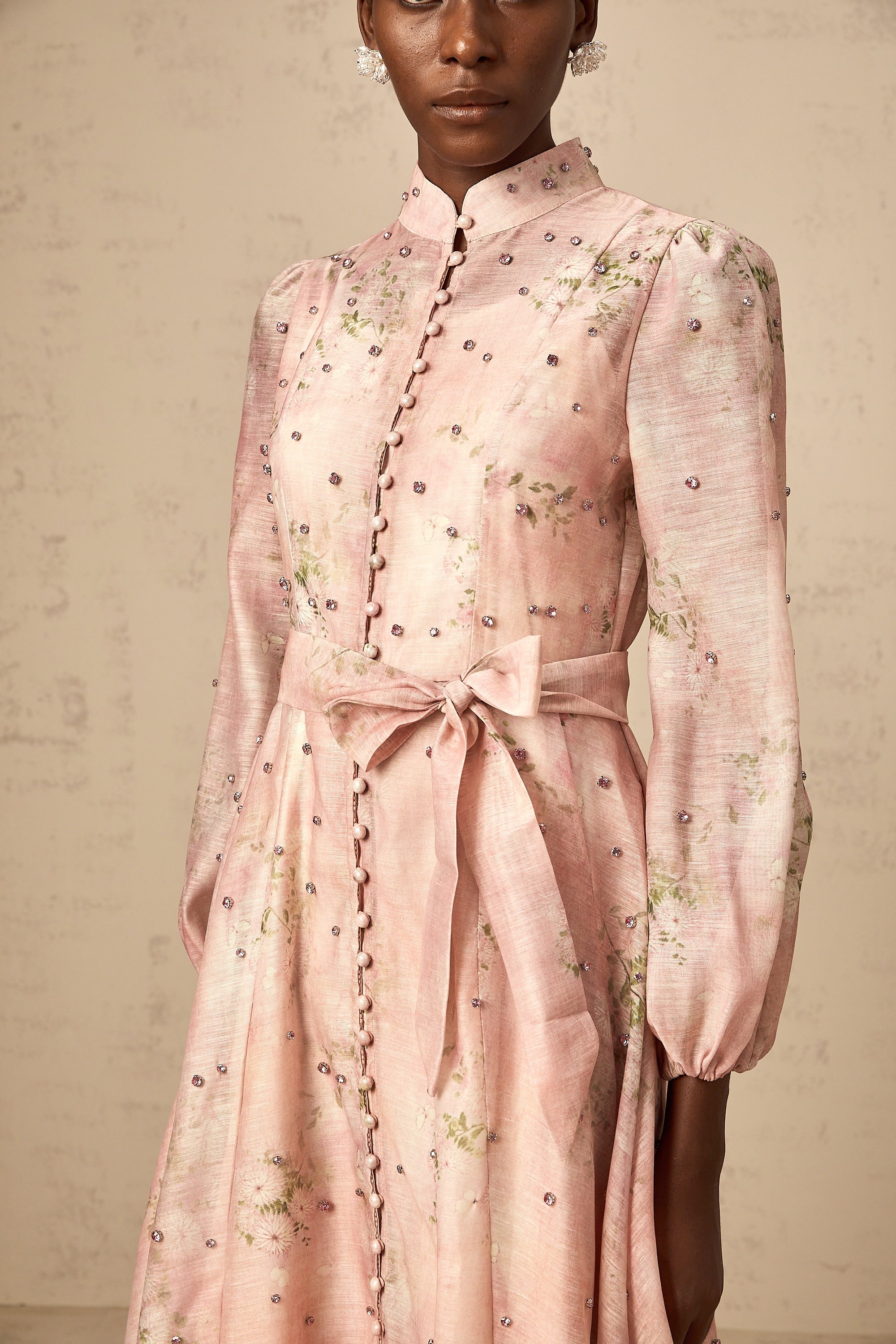 Elegant Narcisse Pink Embellished Floral Print Midi Dress for Women