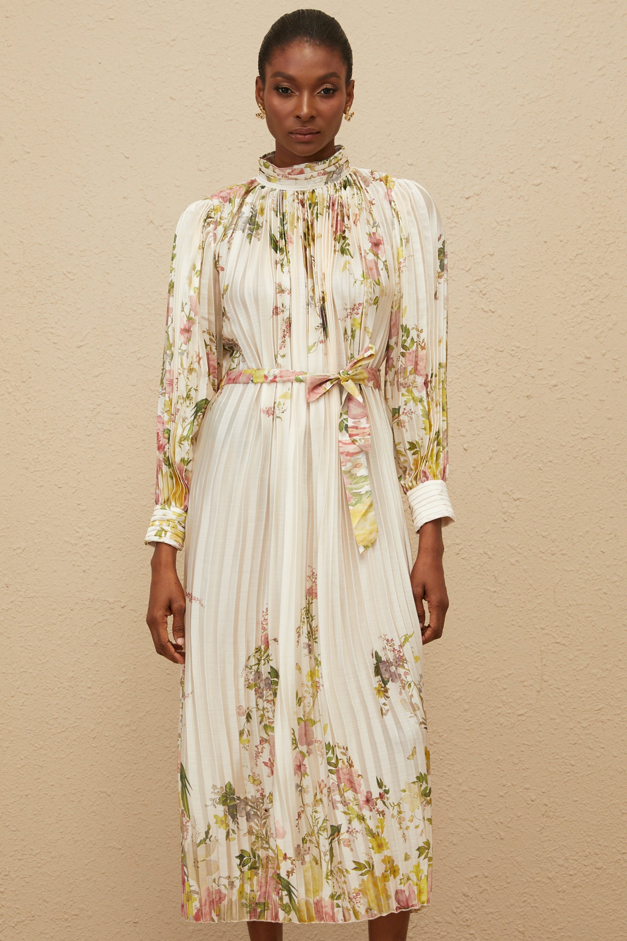 Poetique White Fully Pleated Midi Dress Elegant Flowy Summer Spring Attire