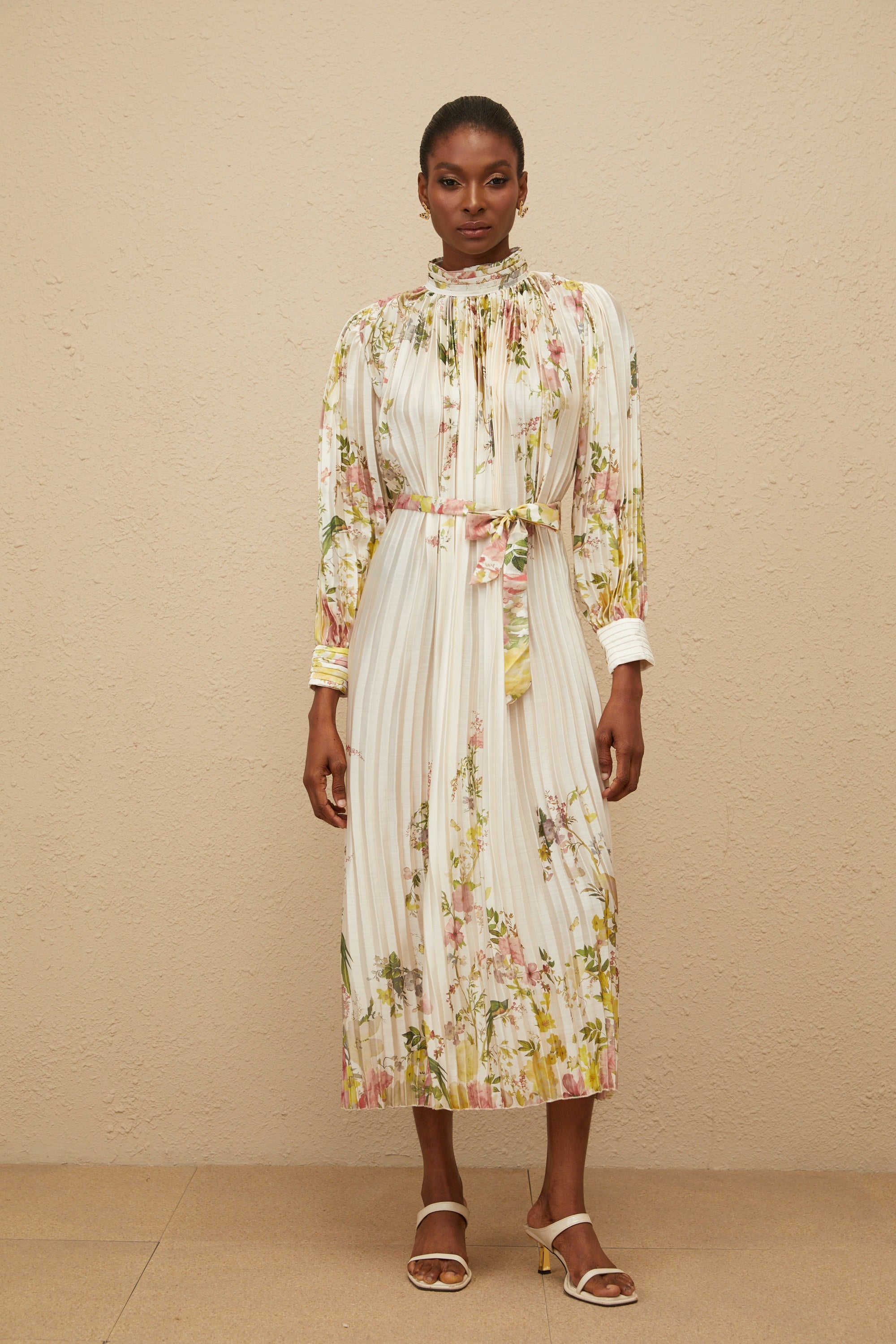 Poetique White Fully Pleated Midi Dress Elegant Flowy Summer Spring Attire