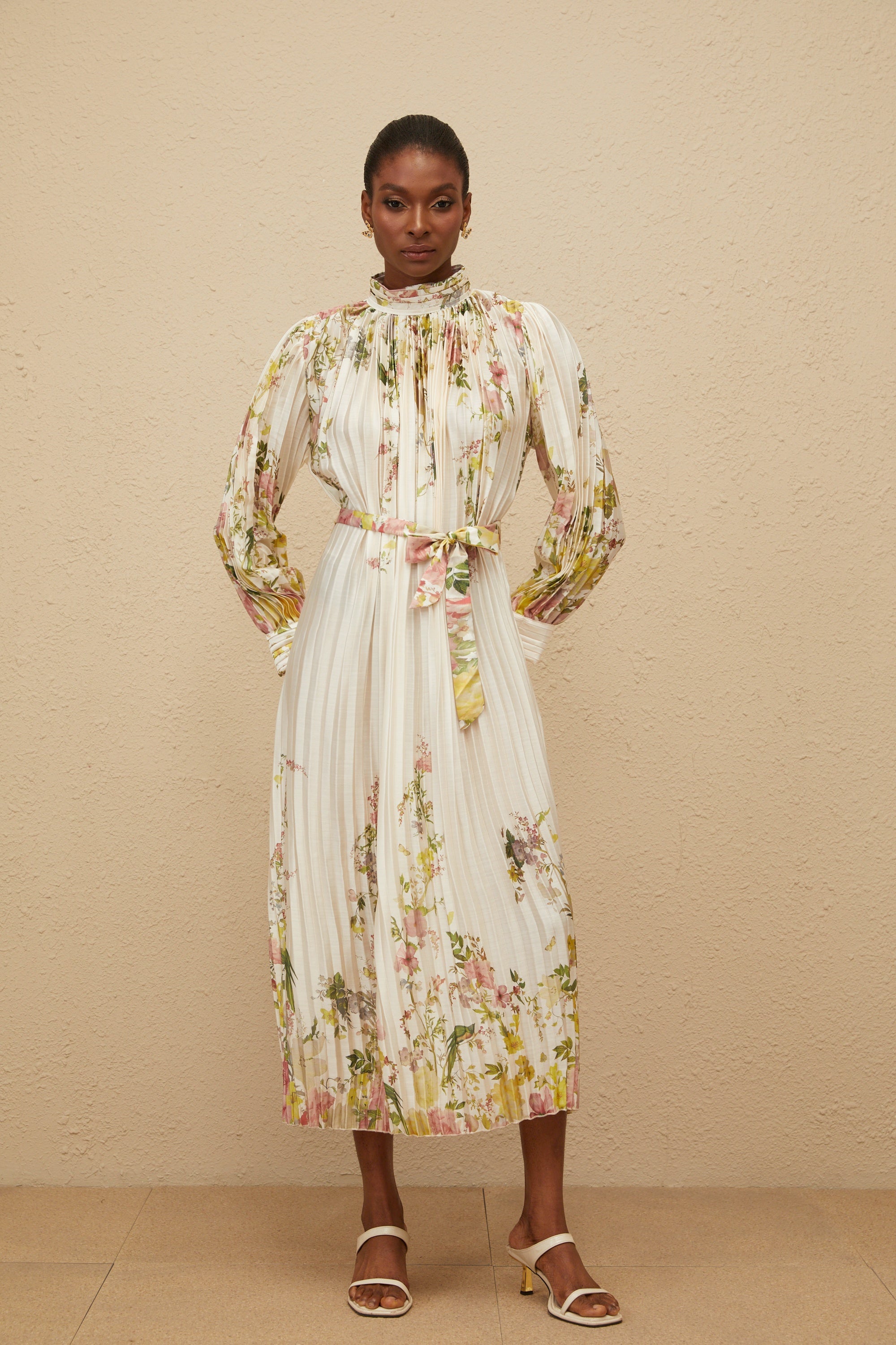 Poetique White Fully Pleated Midi Dress Elegant Flowy Summer Spring Attire