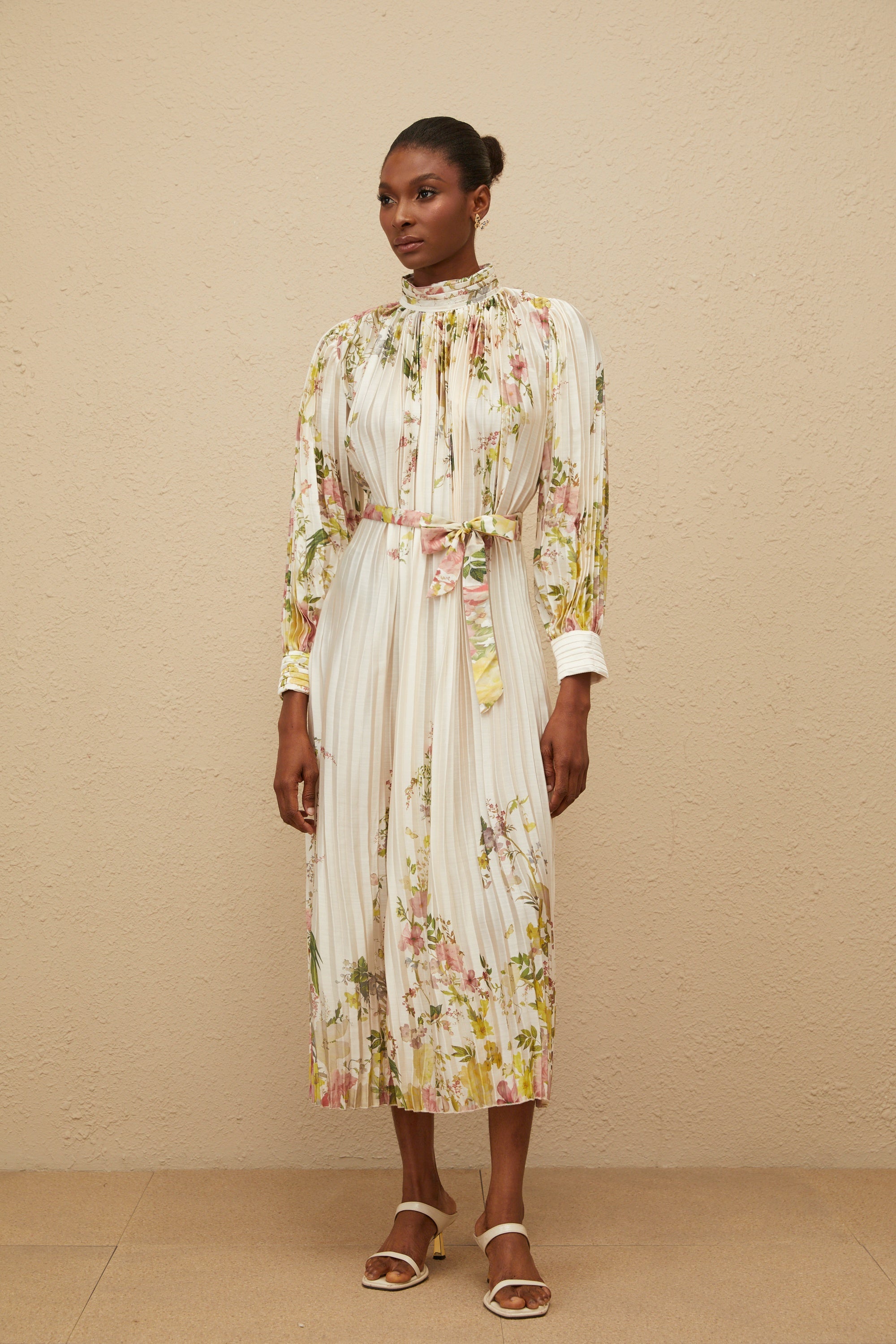 Poetique White Fully Pleated Midi Dress Elegant Flowy Summer Spring Attire