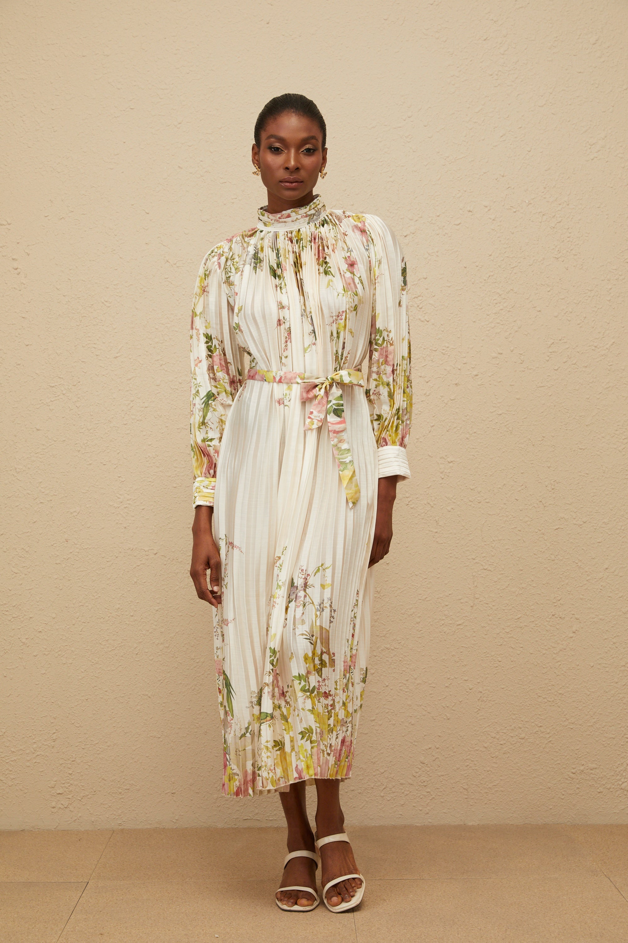 Poetique White Fully Pleated Midi Dress Elegant Flowy Summer Spring Attire