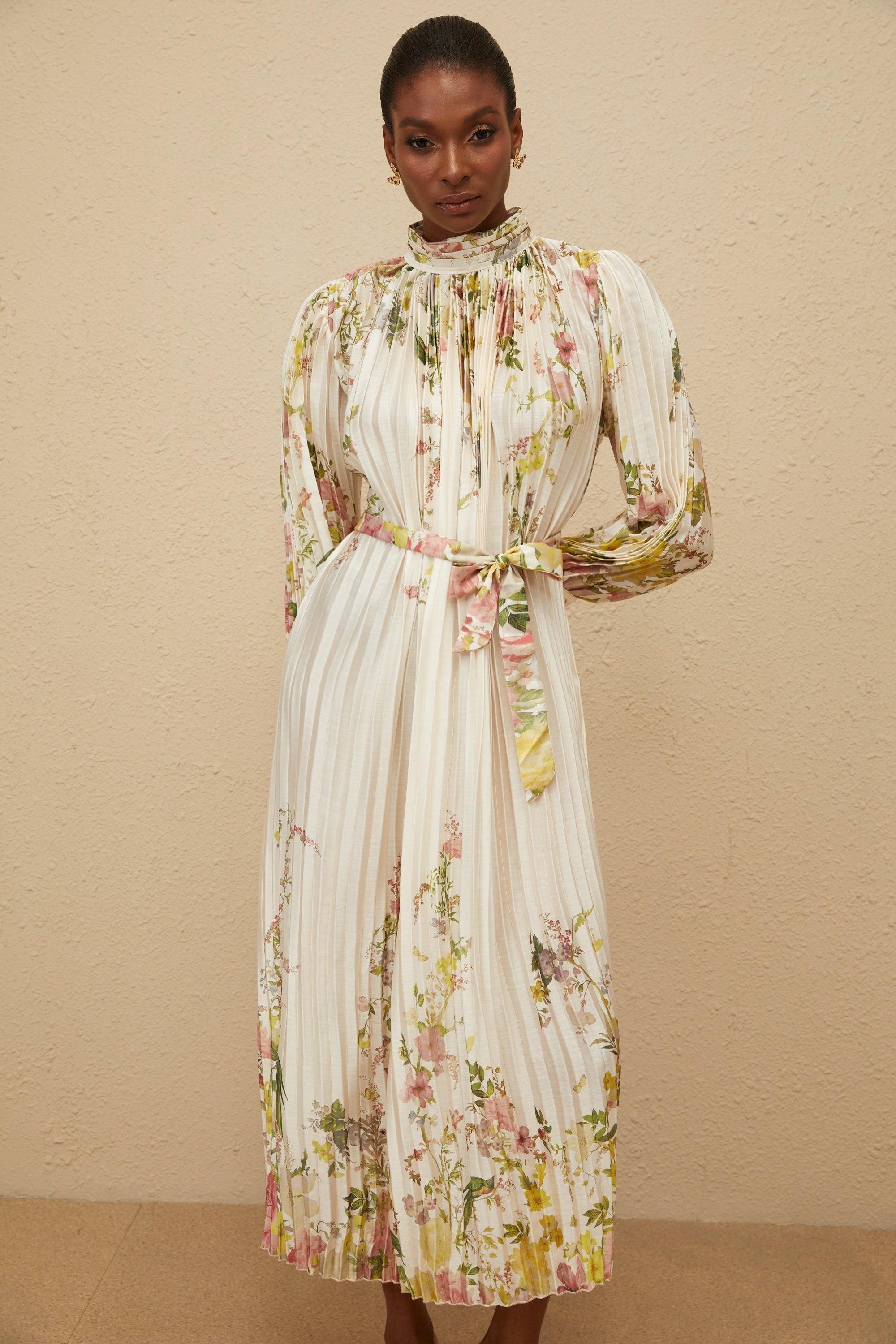 Poetique White Fully Pleated Midi Dress Elegant Flowy Summer Spring Attire