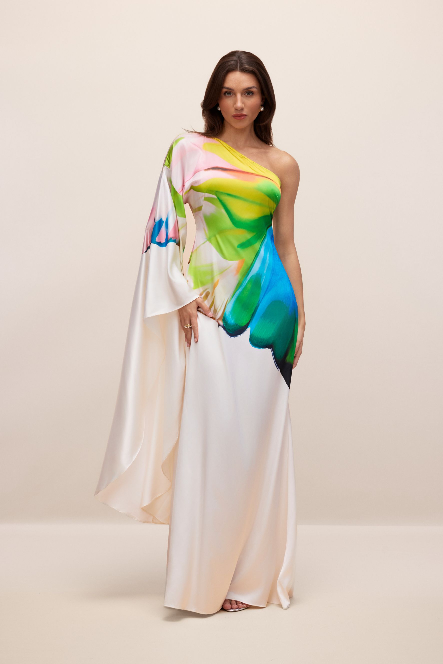 Bernice Printed One-Shoulder Single Sleeve Maxi Dress for Tropical Getaways