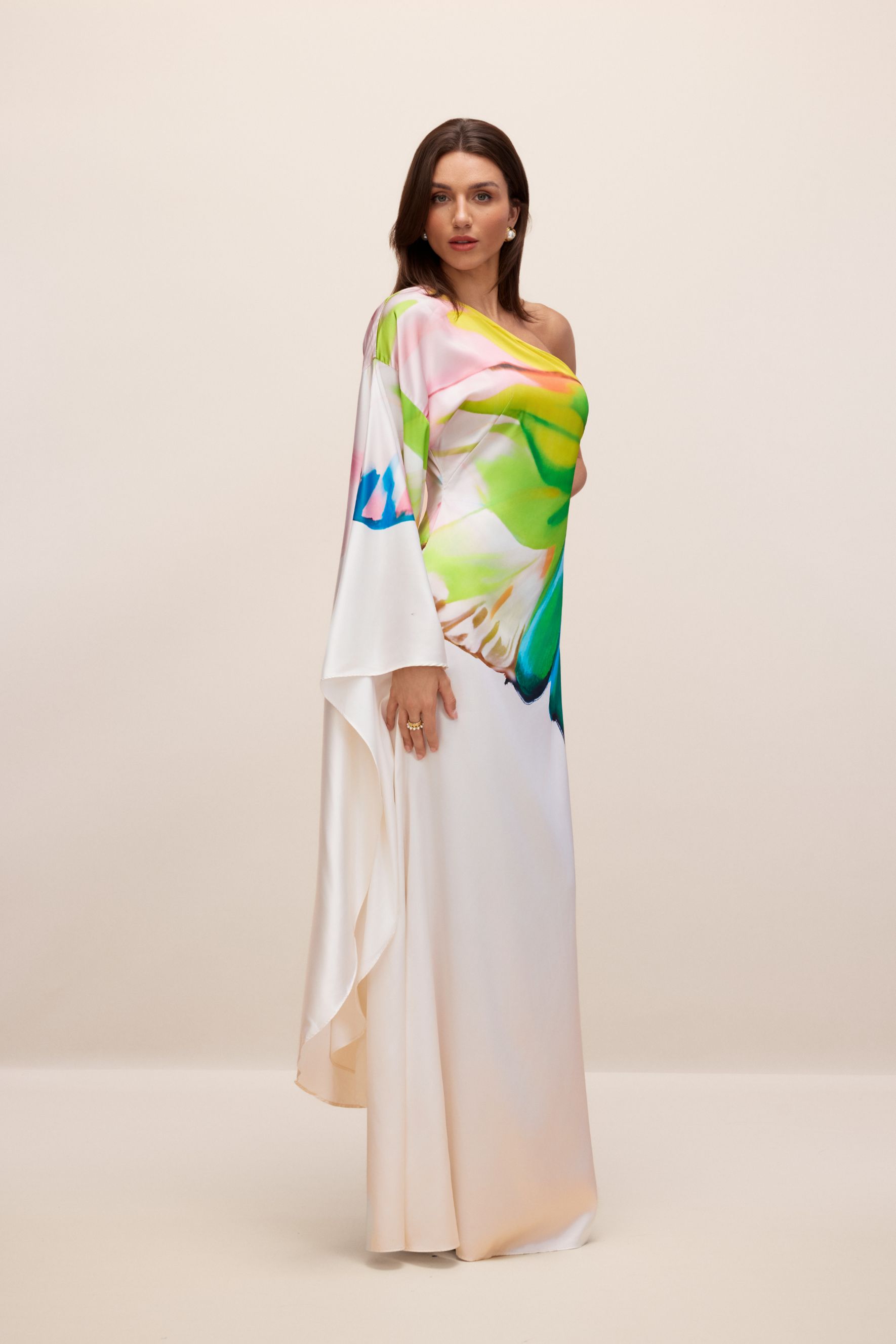 Bernice Printed One-Shoulder Single Sleeve Maxi Dress for Tropical Getaways