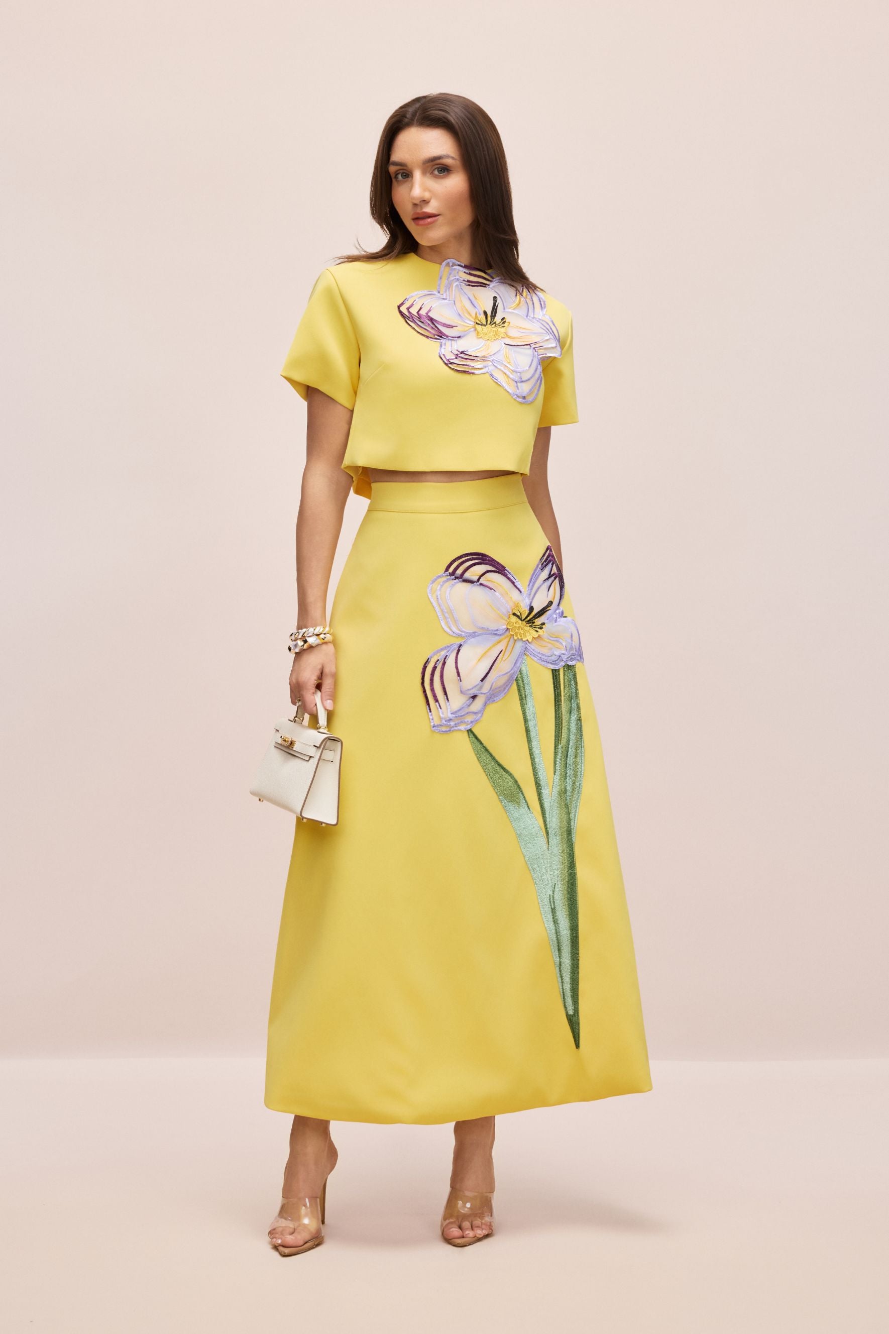Elegant White Floral Appliqué Short Sleeve Top and A-Line Skirt Set