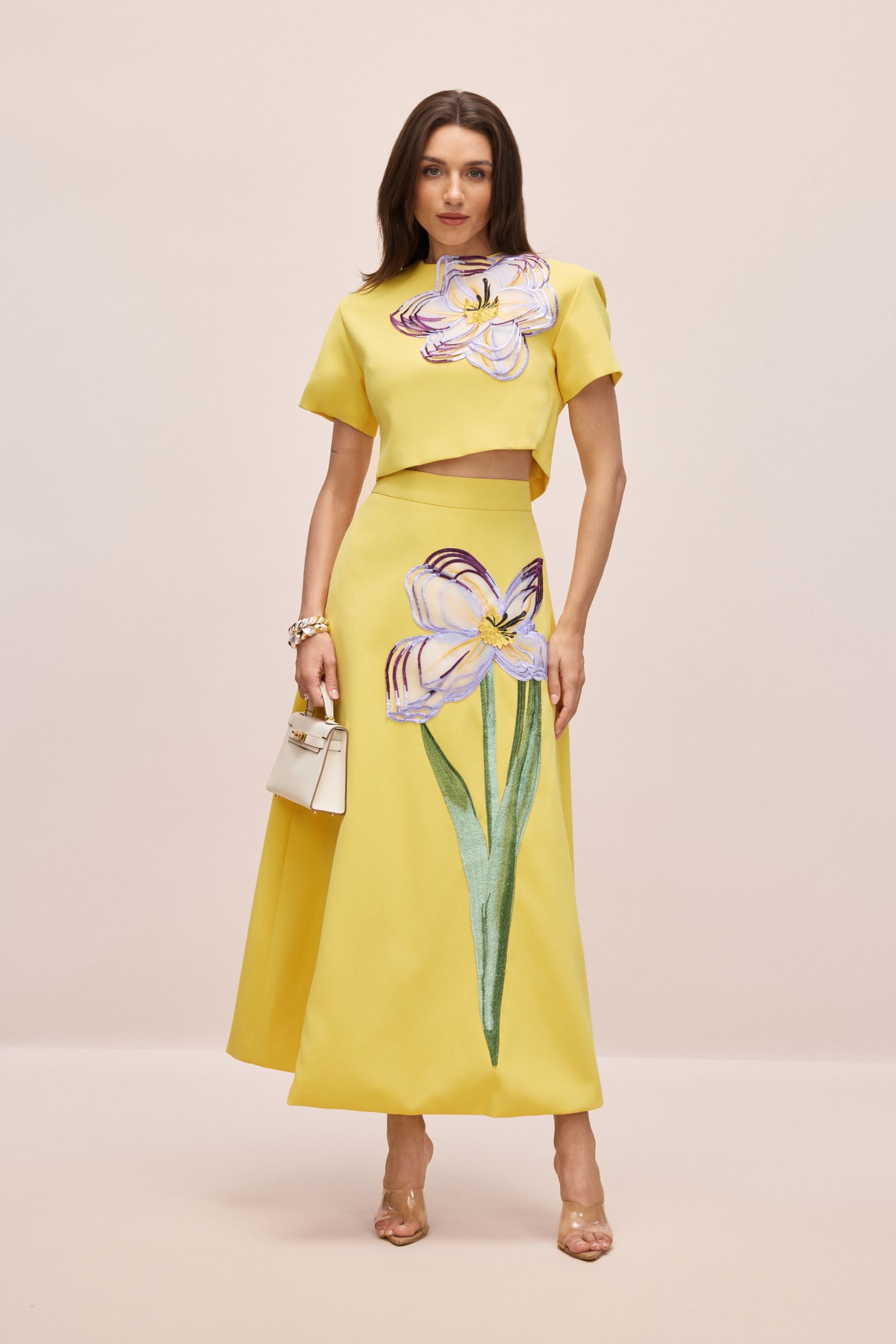 Elegant White Floral Appliqué Short Sleeve Top and A-Line Skirt Set