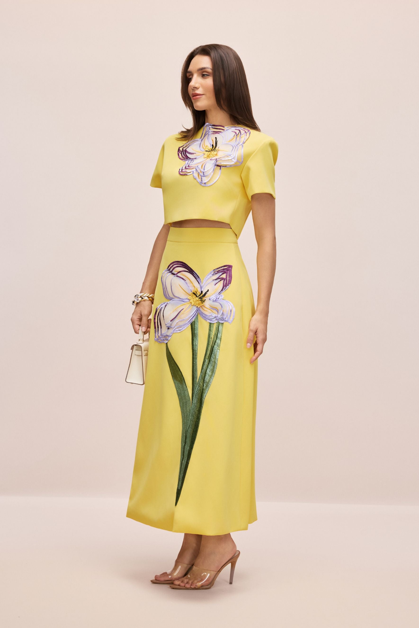 Elegant White Floral Appliqué Short Sleeve Top and A-Line Skirt Set