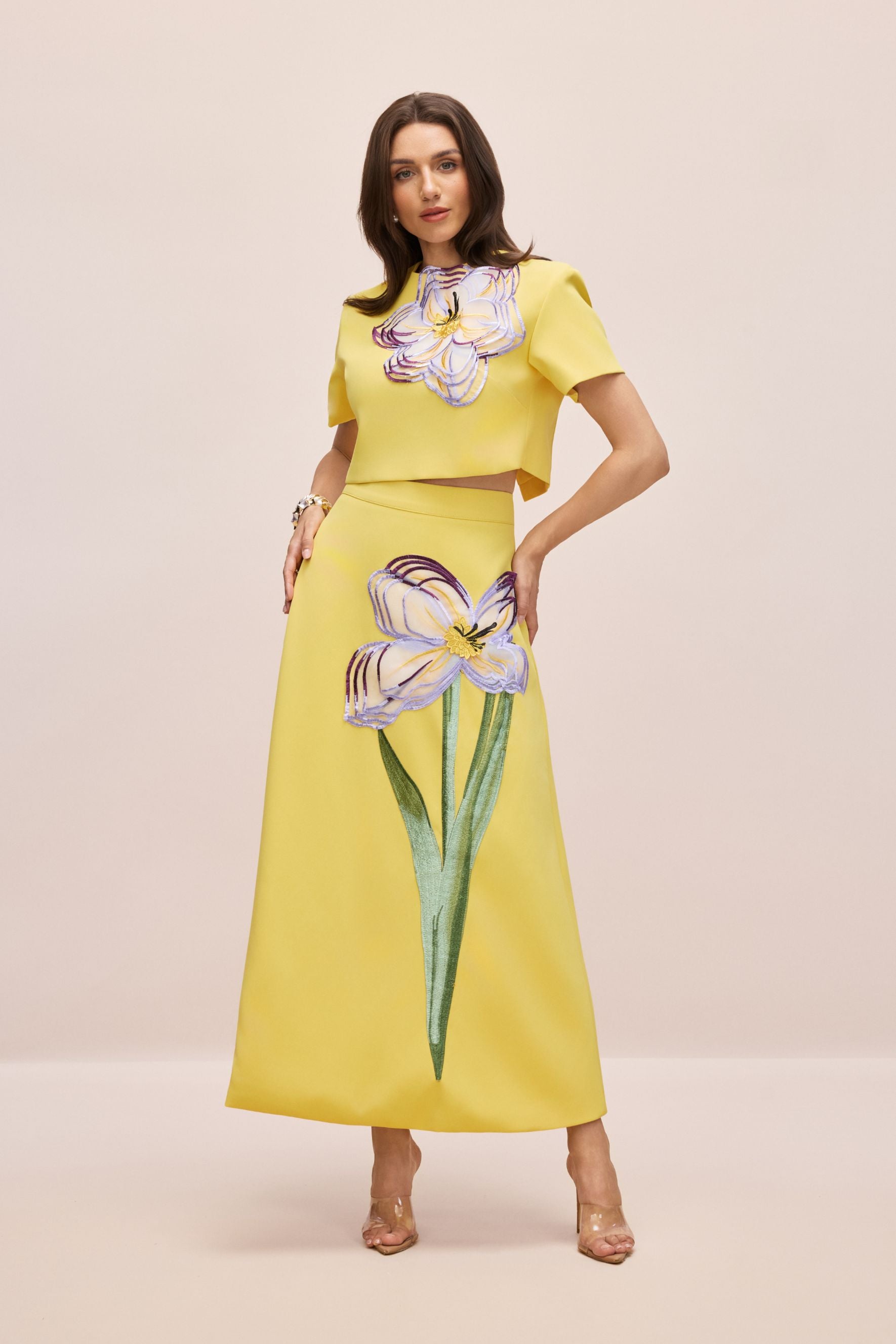 Elegant White Floral Appliqué Short Sleeve Top and A-Line Skirt Set