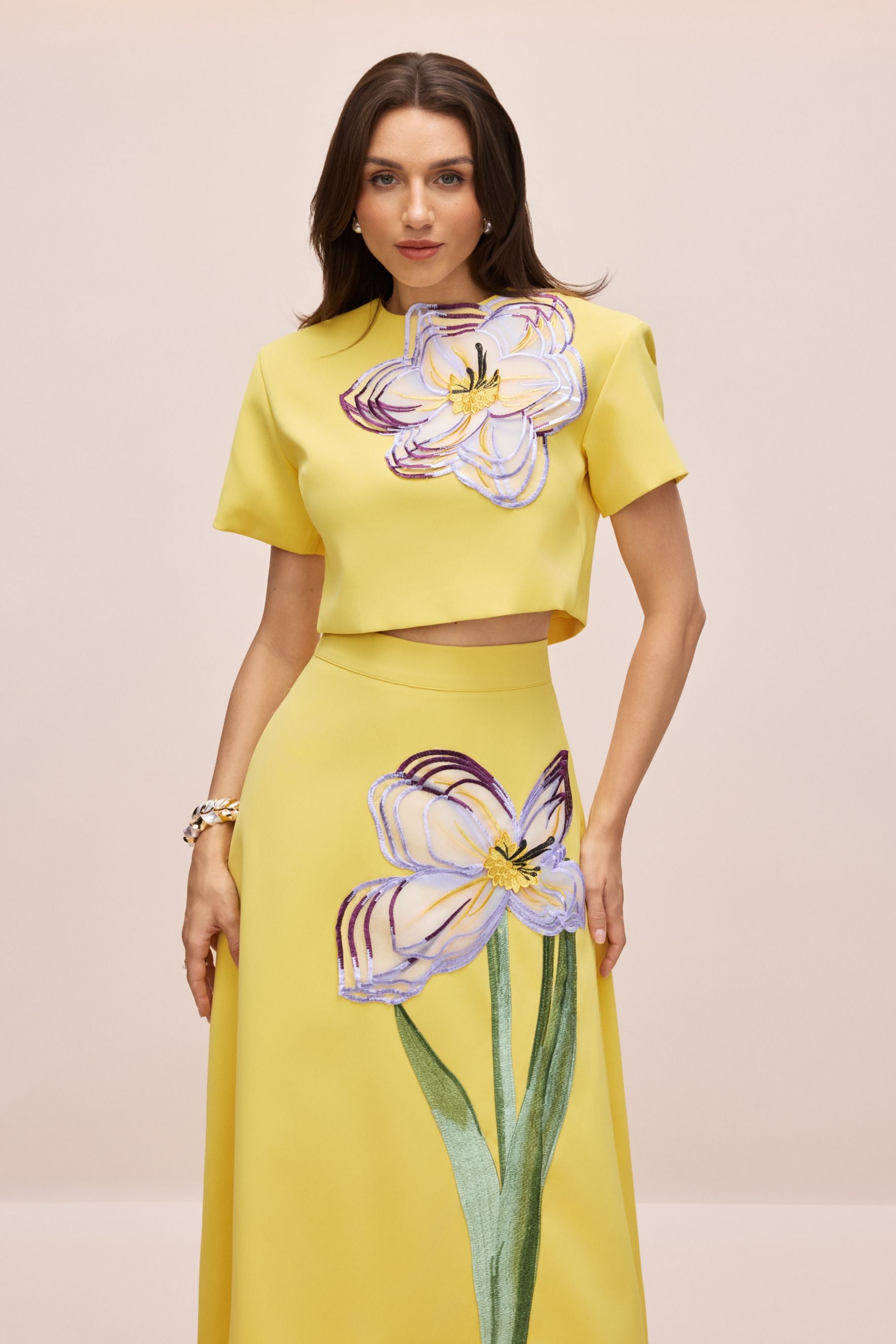 Elegant White Floral Appliqué Short Sleeve Top and A-Line Skirt Set