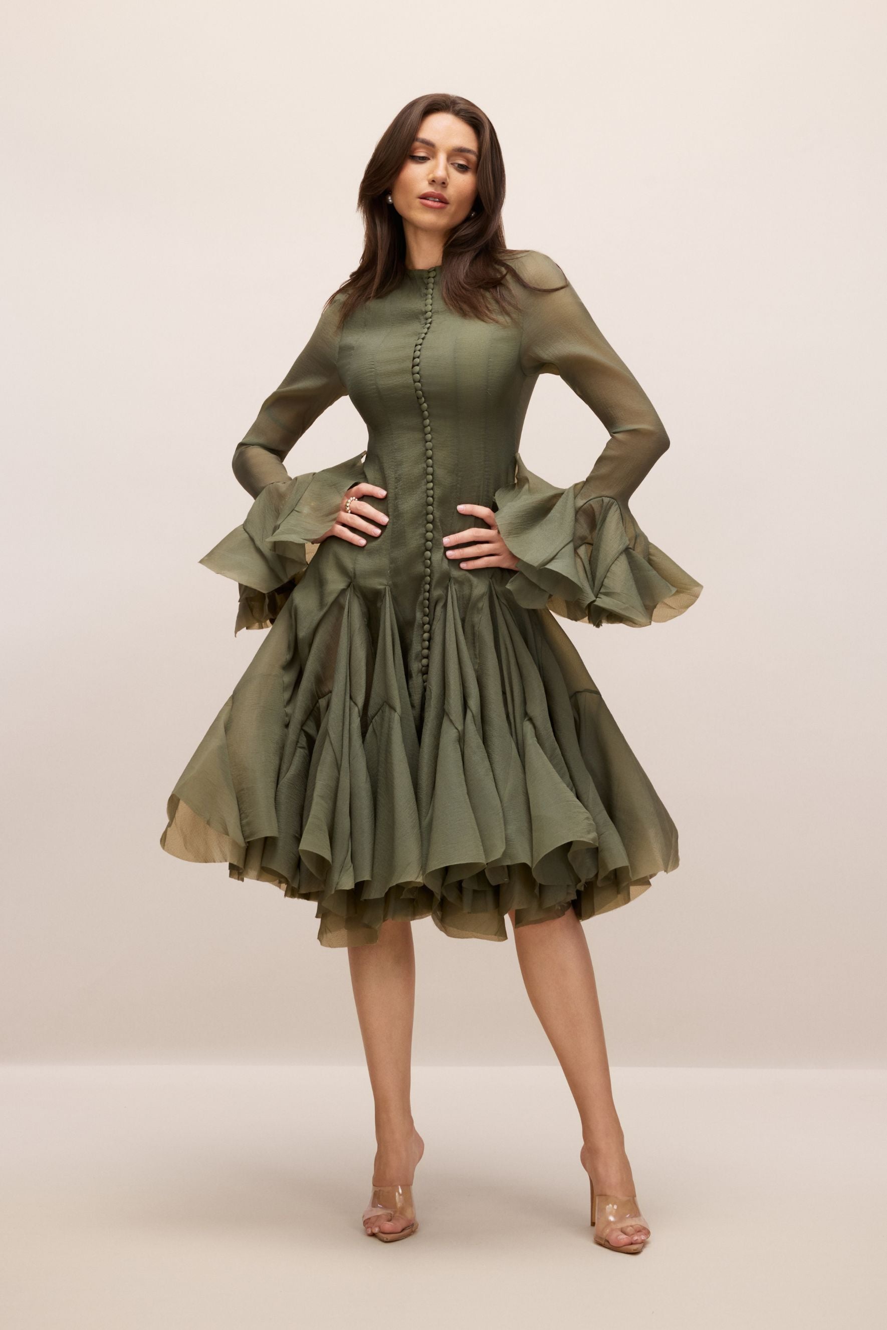 Elegant Gloria Long Sleeve Flared Hem Midi Dress with Flattering Fit