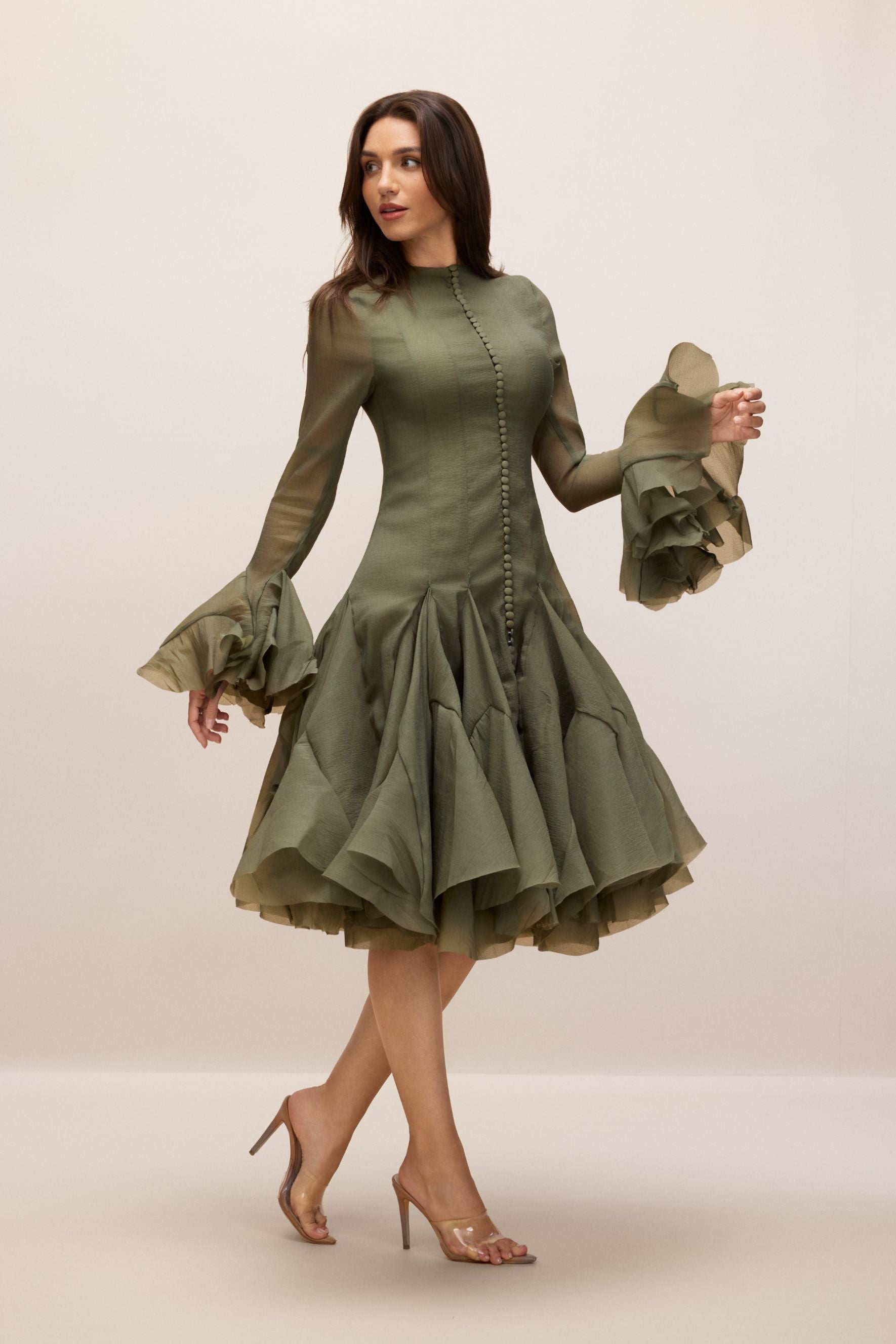 Elegant Gloria Long Sleeve Flared Hem Midi Dress with Flattering Fit