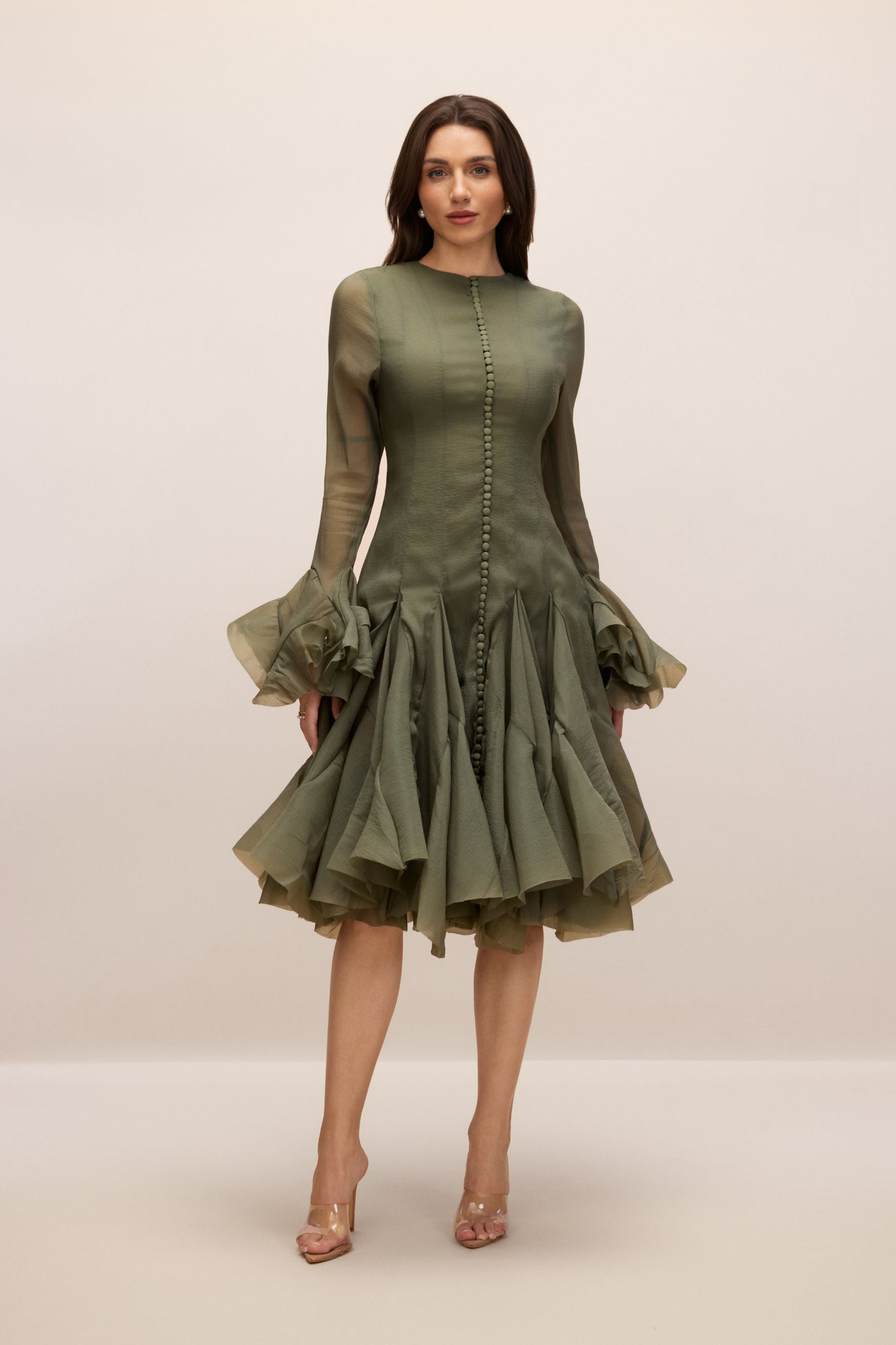 Elegant Gloria Long Sleeve Flared Hem Midi Dress with Flattering Fit