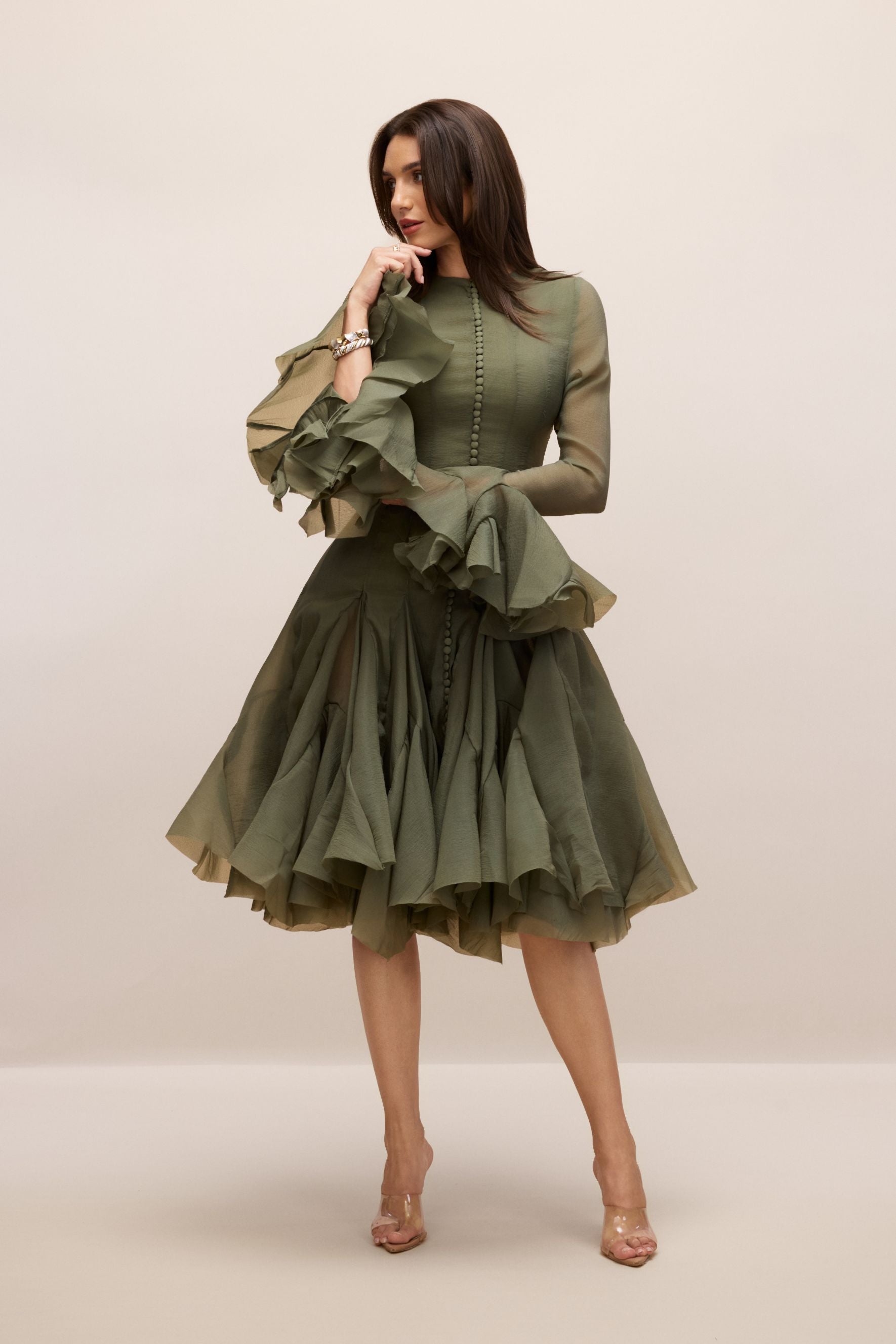 Elegant Gloria Long Sleeve Flared Hem Midi Dress with Flattering Fit