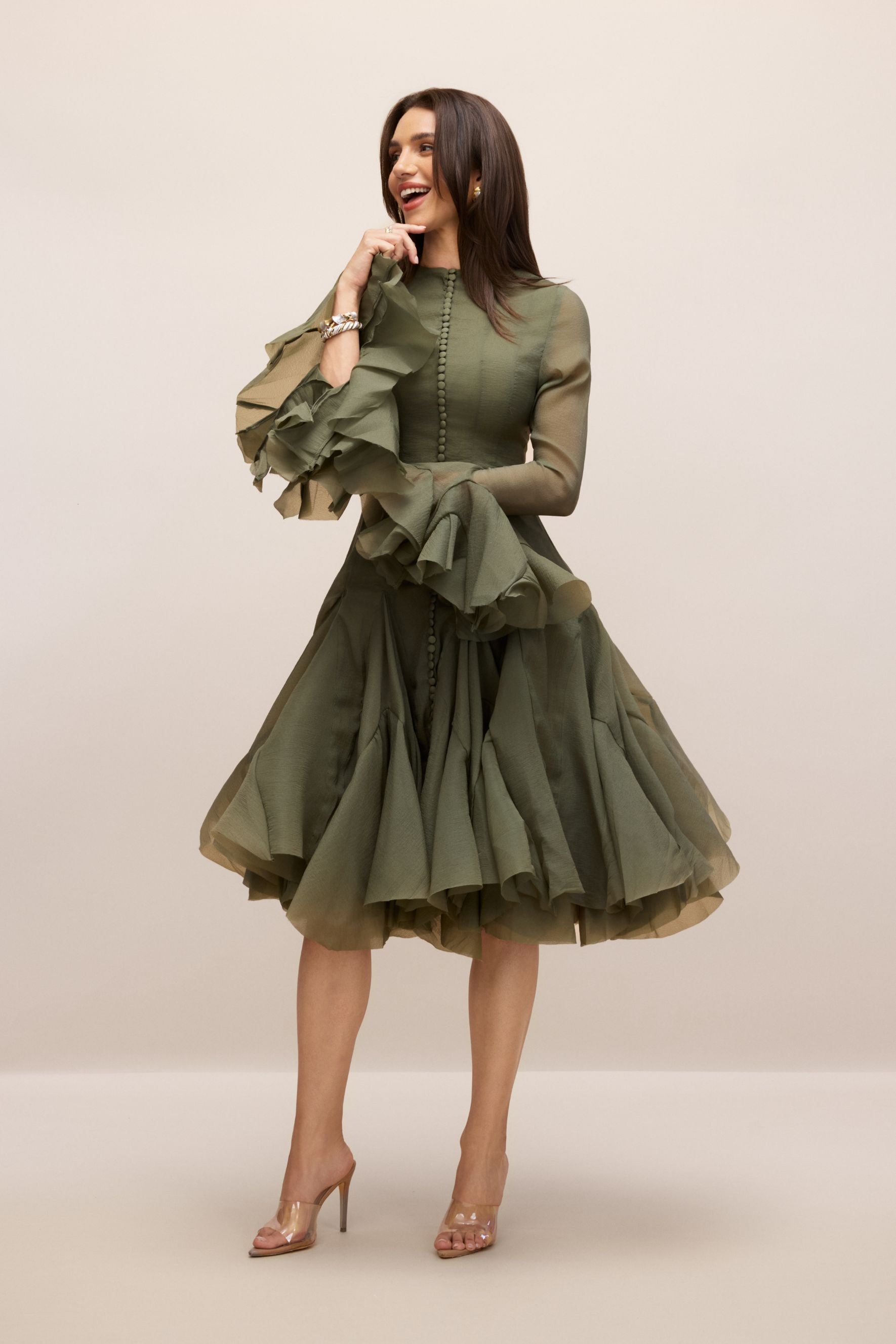 Elegant Gloria Long Sleeve Flared Hem Midi Dress with Flattering Fit