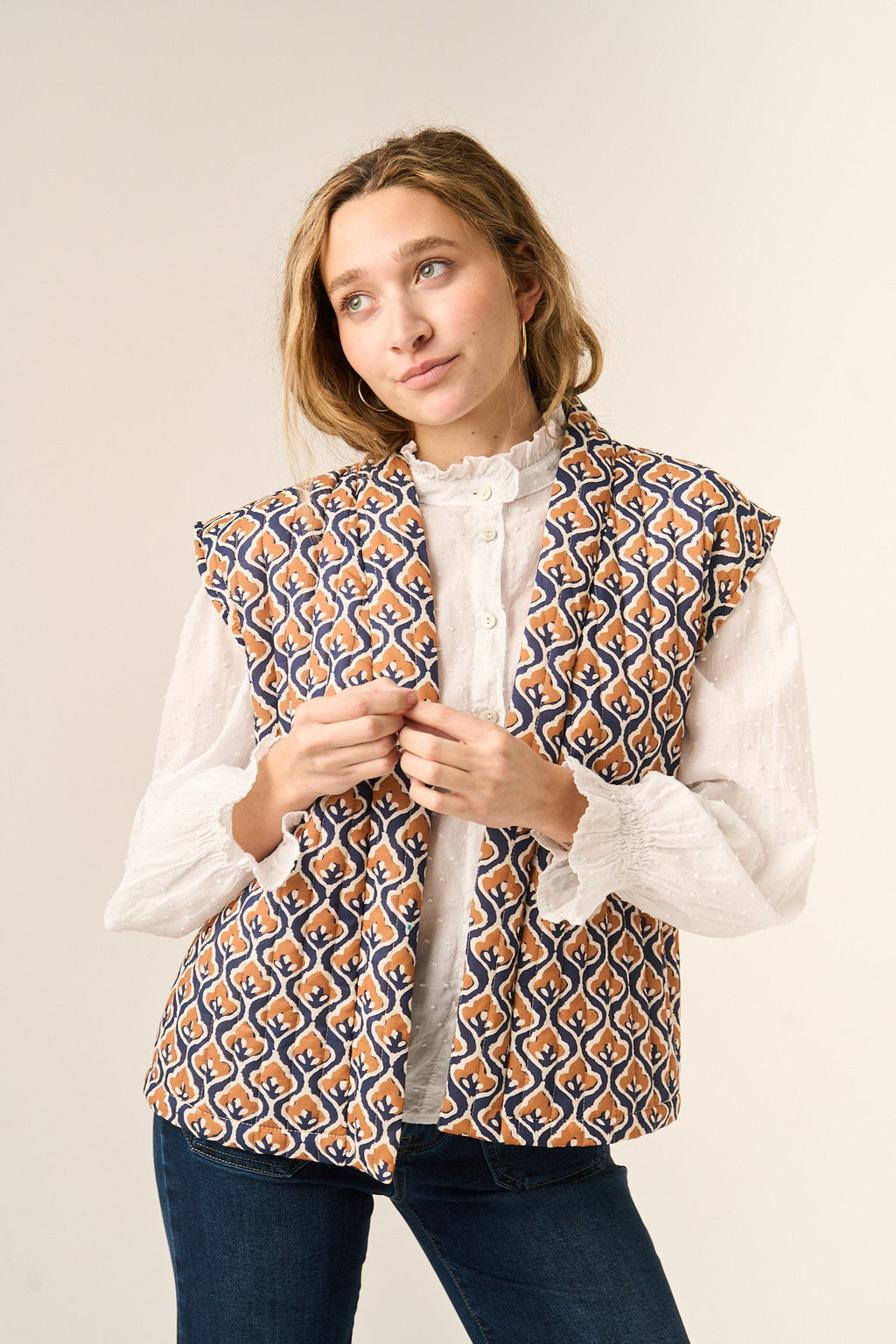 Stylish Lúa Beige Printed Cotton Vest for Women - Versatile Layering Fashion