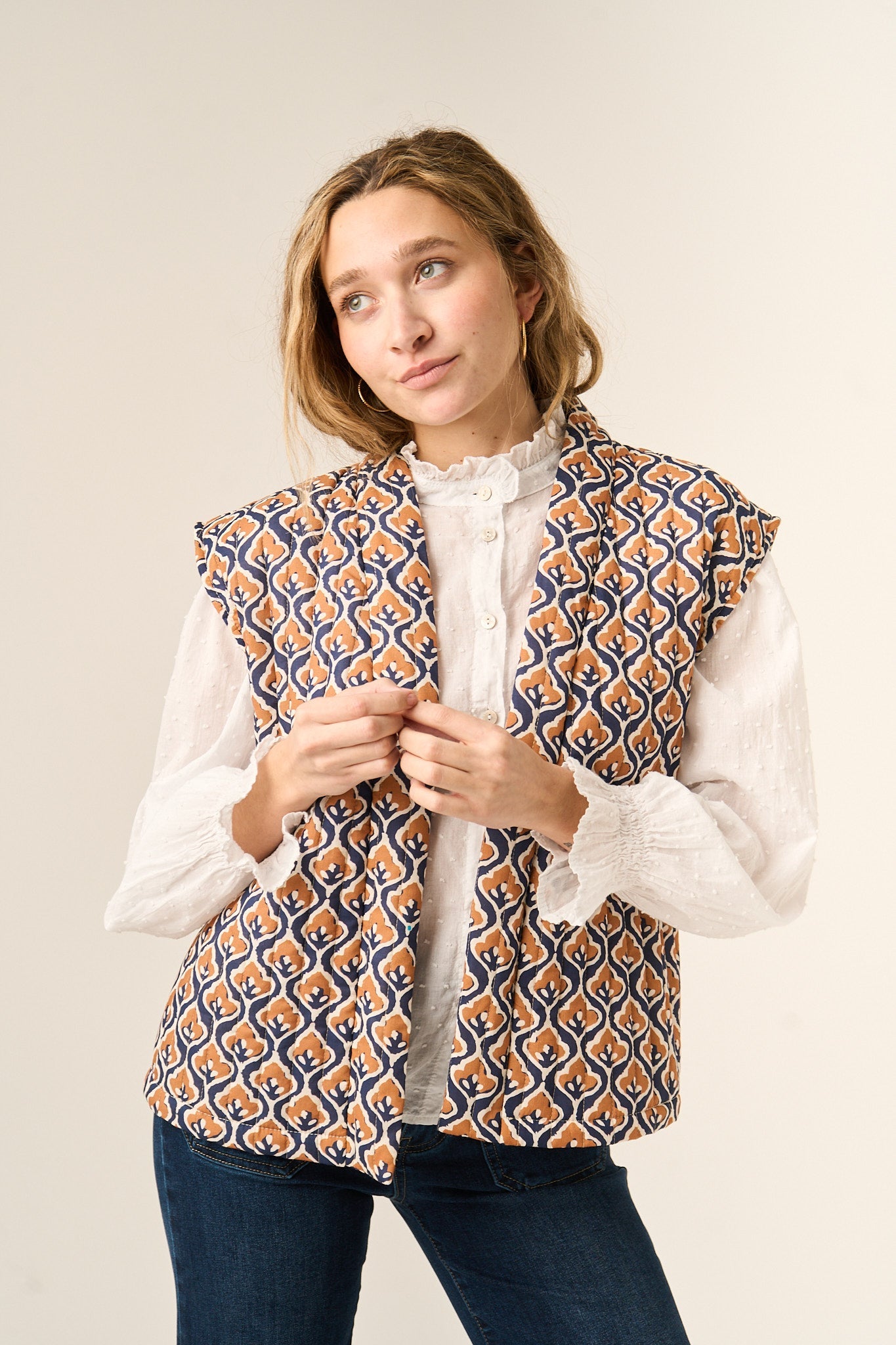 Stylish Lúa Beige Printed Cotton Vest for Women - Versatile Layering Fashion