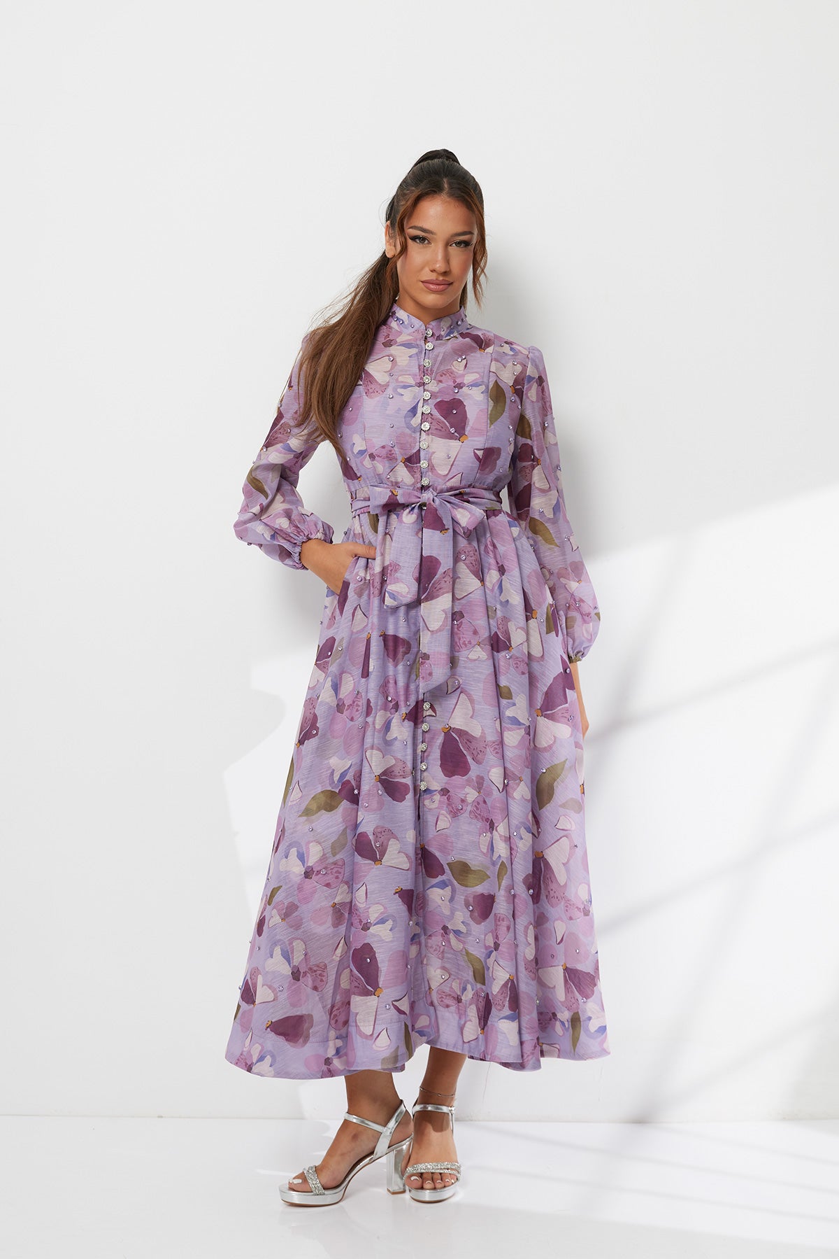 Elegant Butterfly & Pearl Midi Dress in Soft Lilac
