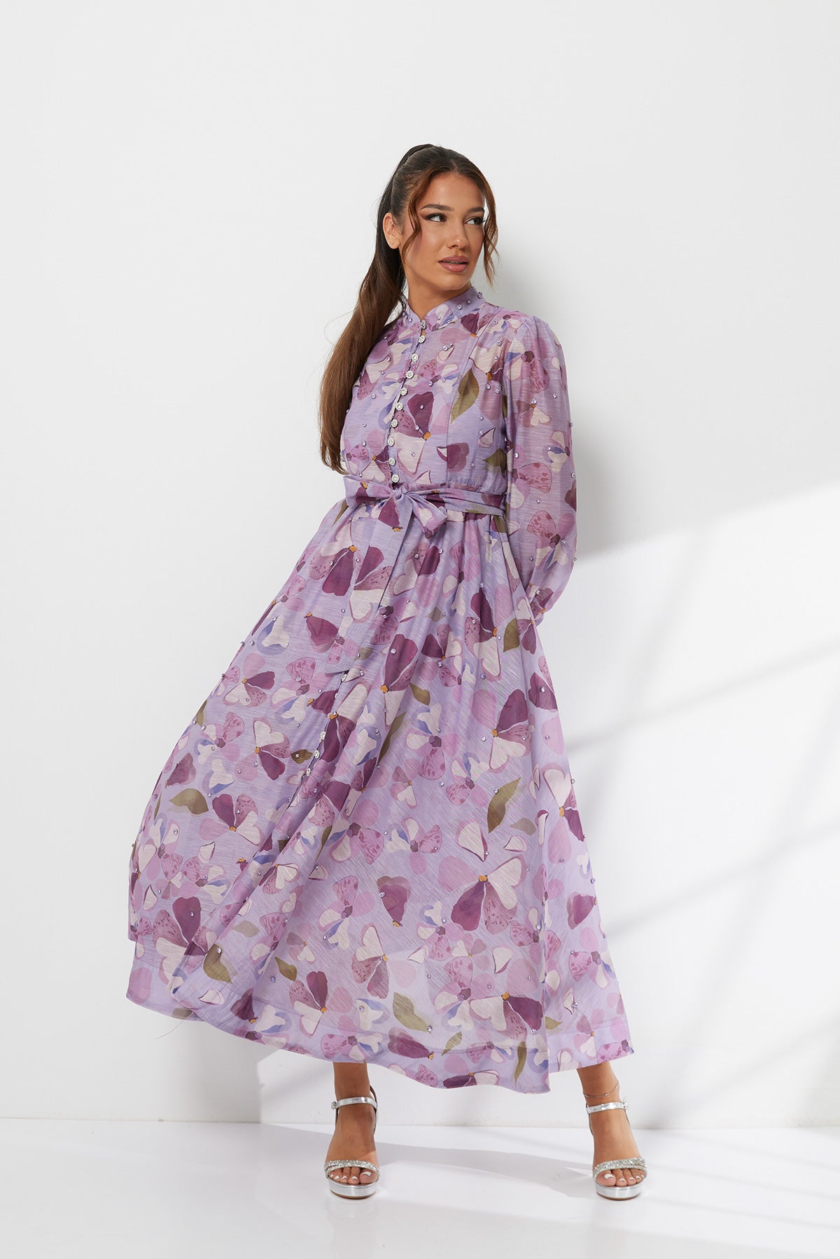 Elegant Butterfly & Pearl Midi Dress in Soft Lilac