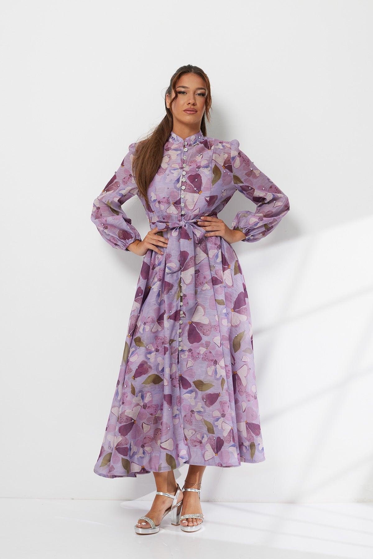 Elegant Butterfly & Pearl Midi Dress in Soft Lilac