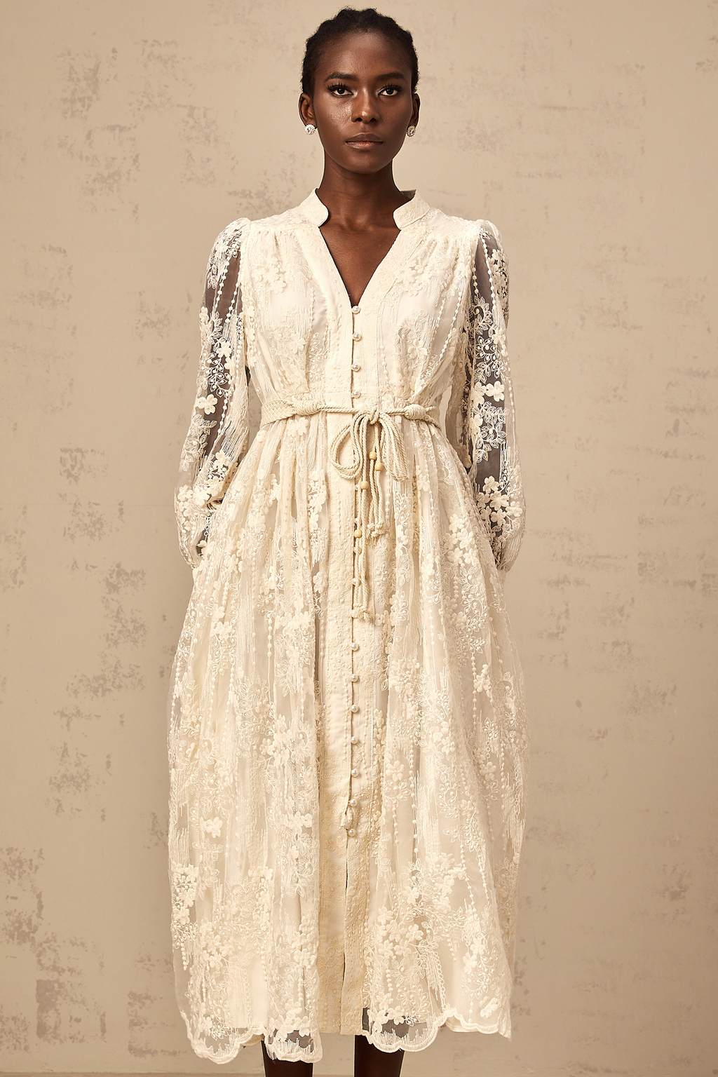 Elegant Neutral Lace Embroidery Midi Dress: Exquisite Design, Perfect Fit, Versatile Style