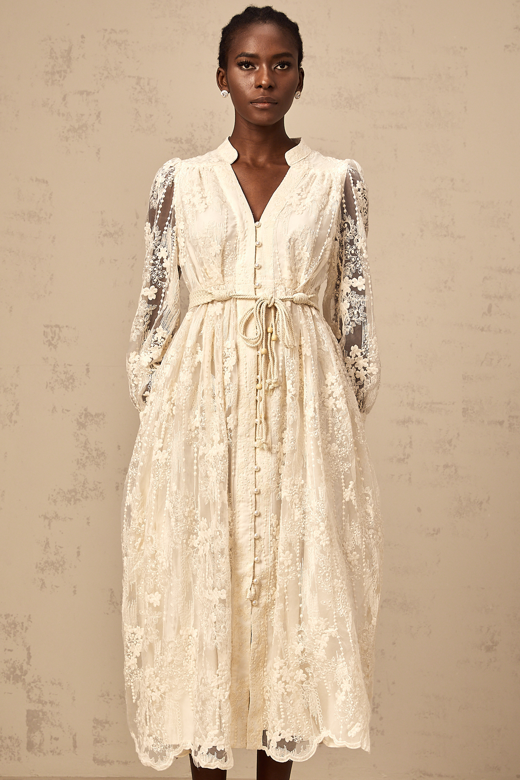 Elegant Neutral Lace Embroidery Midi Dress: Exquisite Design, Perfect Fit, Versatile Style