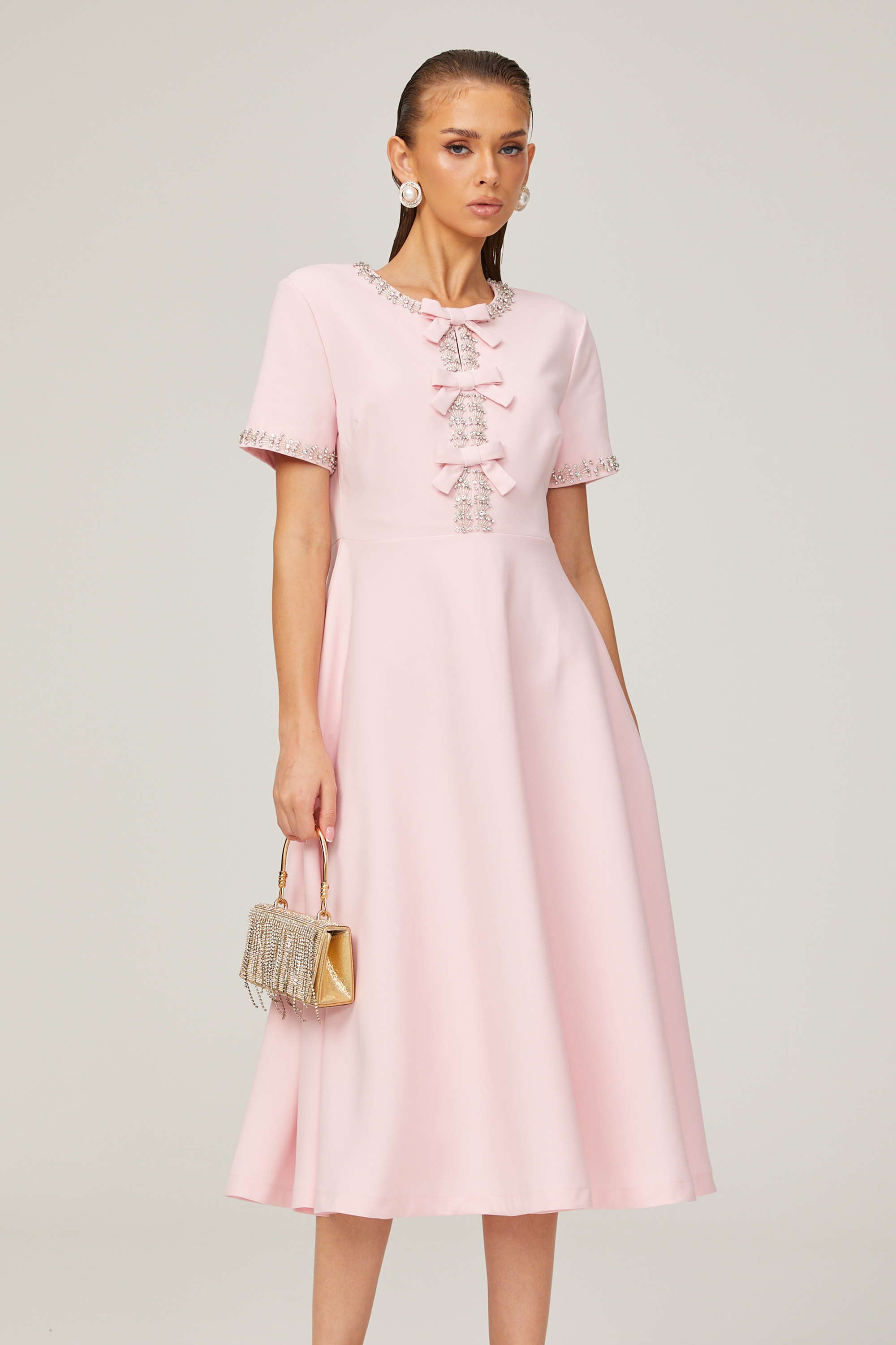 Elegant Pink Crystal-Accented Bow Midi Dress: Chic Terylene Flared Style