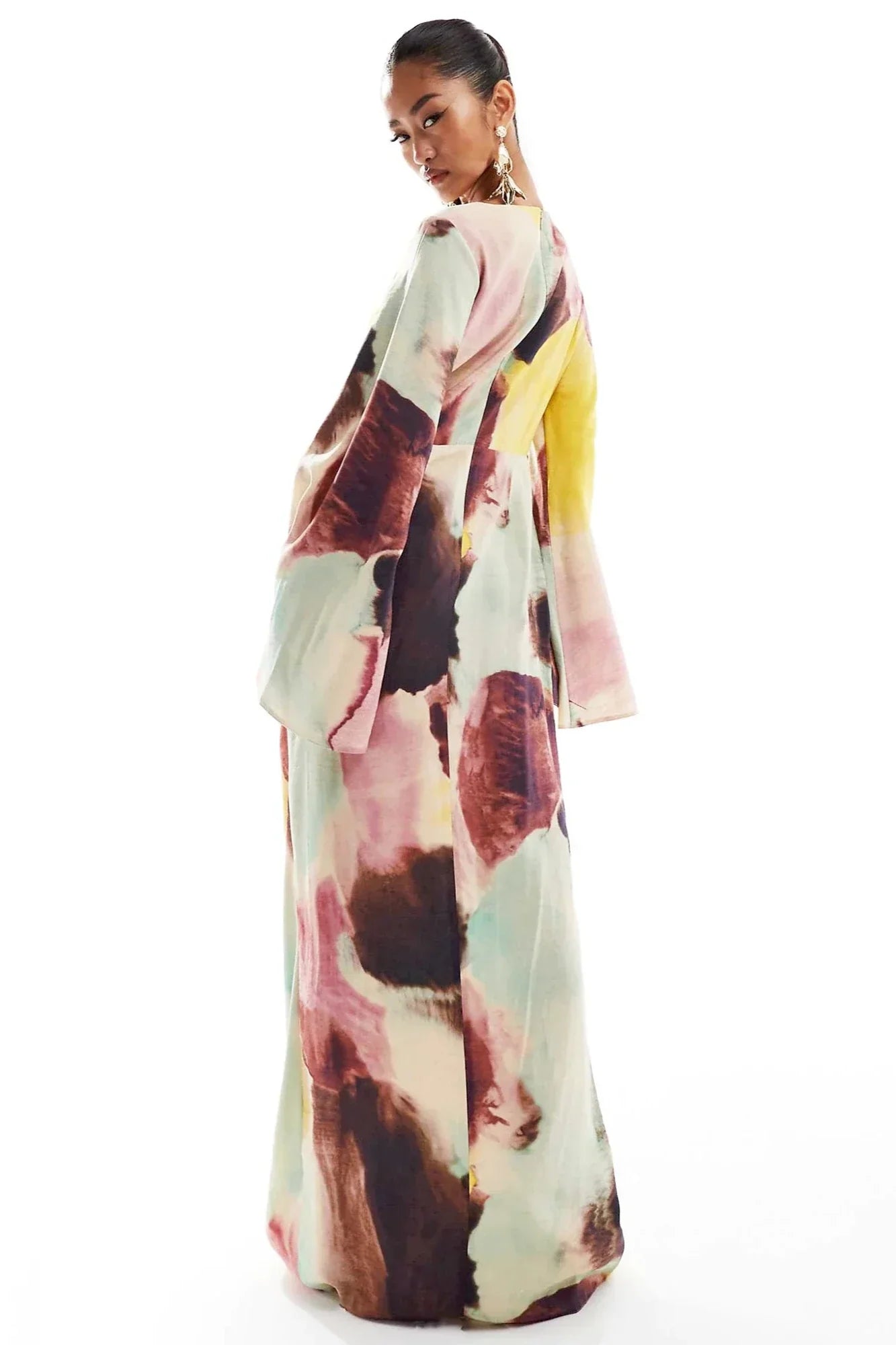 Abstract Watercolor Print Ultra Long Dress - Flowy Bohemian Maxi Gown