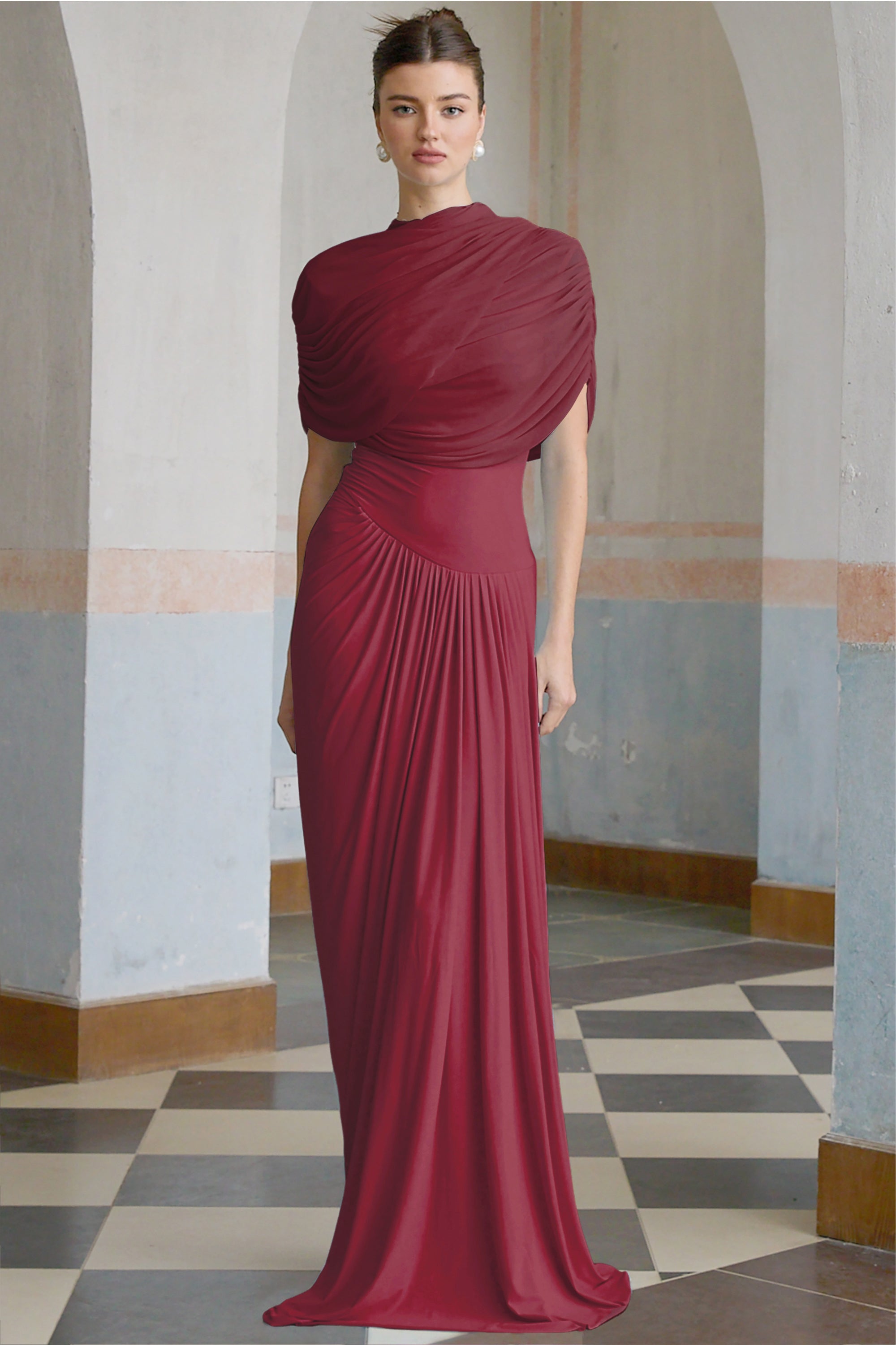 Catherine Red Asymmetric Pleated Maxi Dress with Mesh Shawl