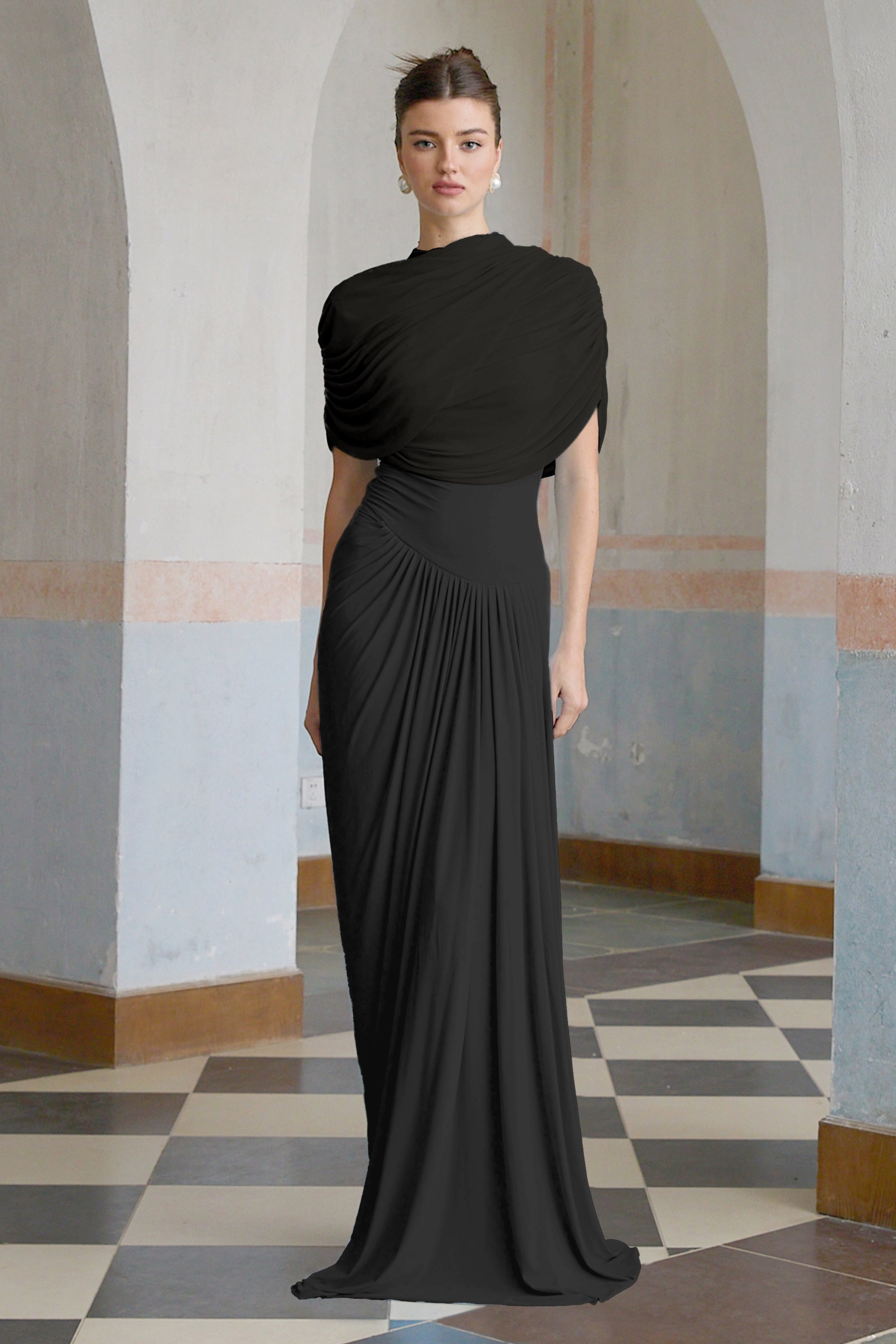 Elegant Black Asymmetrical Pleated Maxi Dress with Mesh Shawl