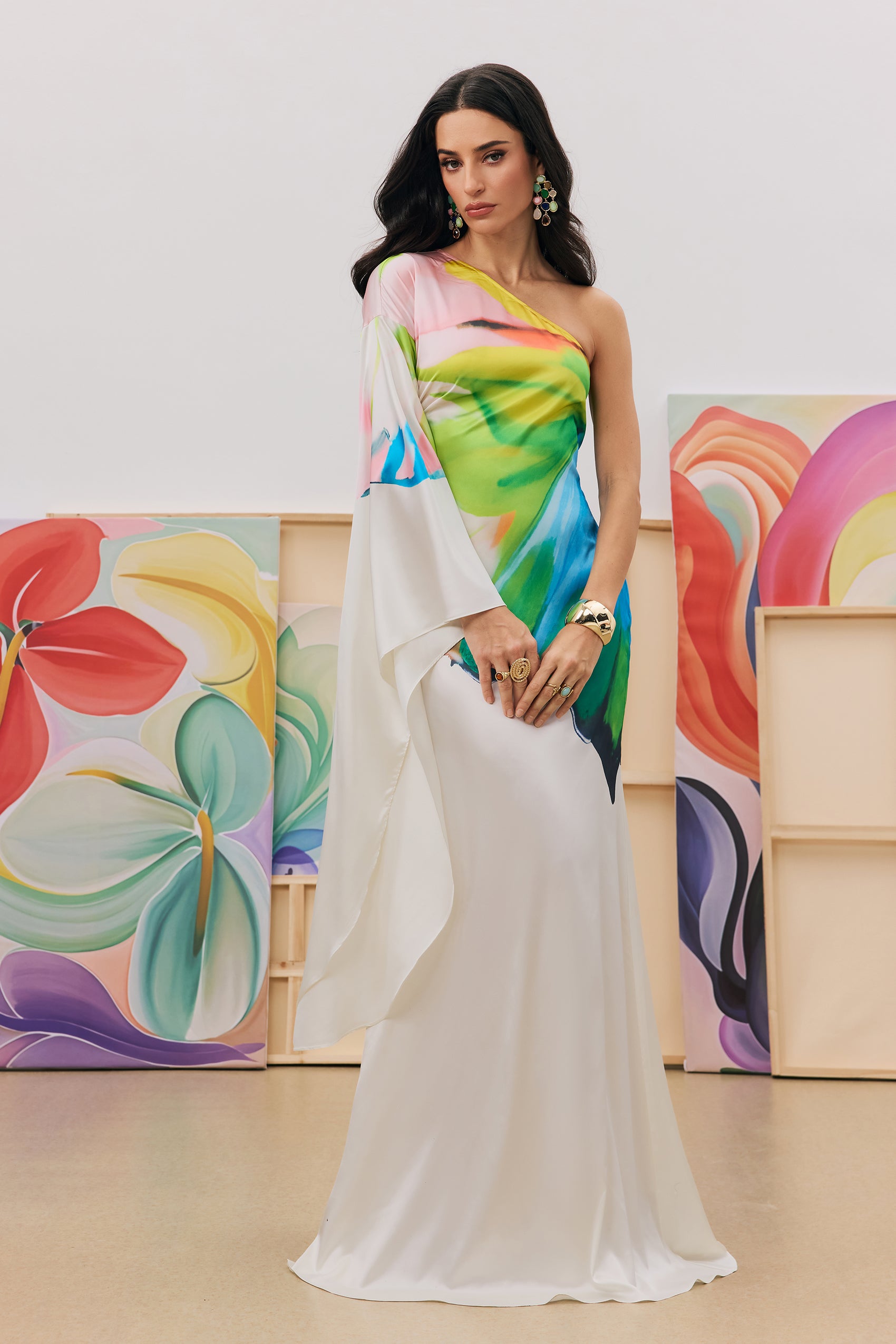 Bernice Printed One-Shoulder Single Sleeve Maxi Dress for Tropical Getaways