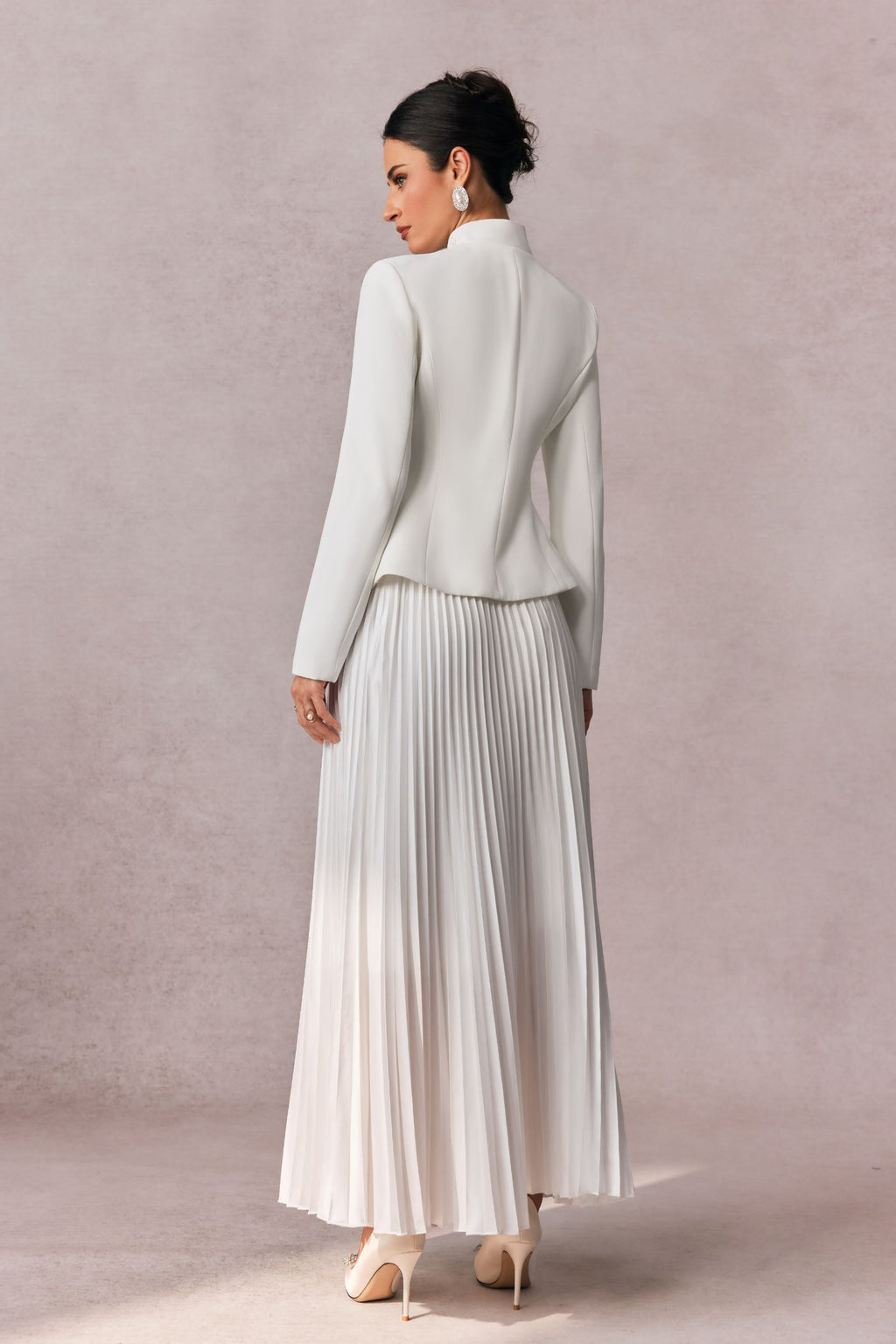 Elegant White Embroidered Blazer & Pleated Midi Skirt Set for Women