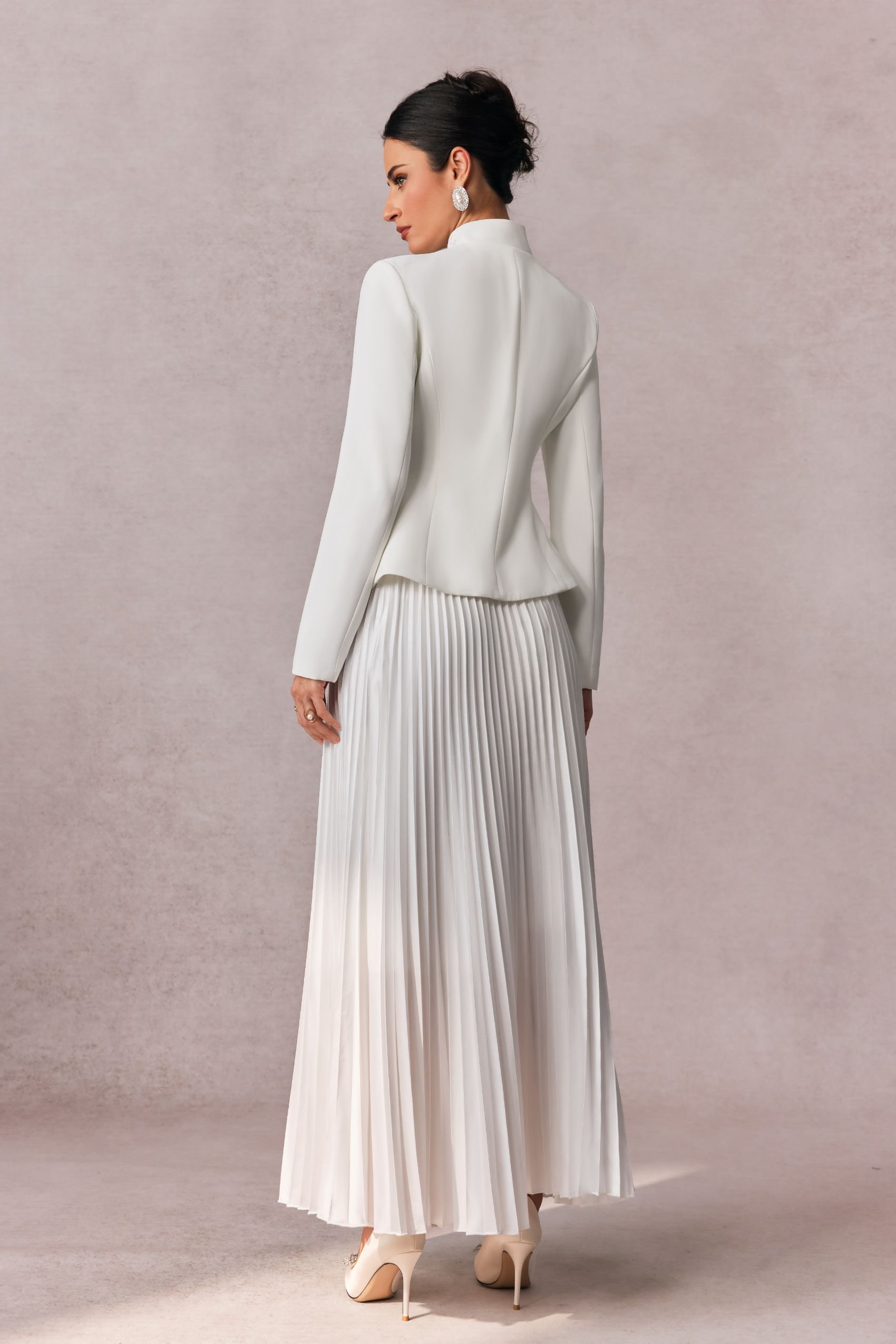 Elegant White Embroidered Blazer & Pleated Midi Skirt Set for Women
