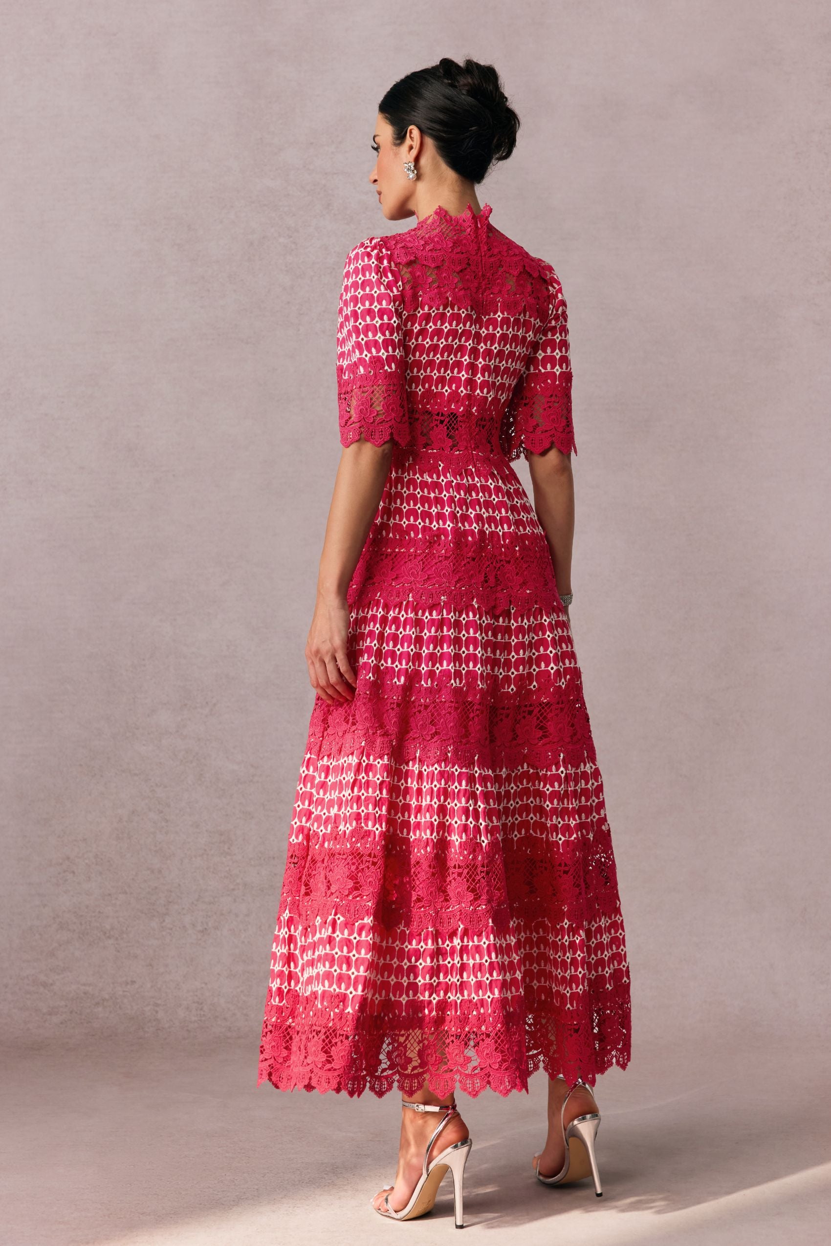 Elegant Sabrina Embroidered Lace Short Sleeve Midi Dress for Women